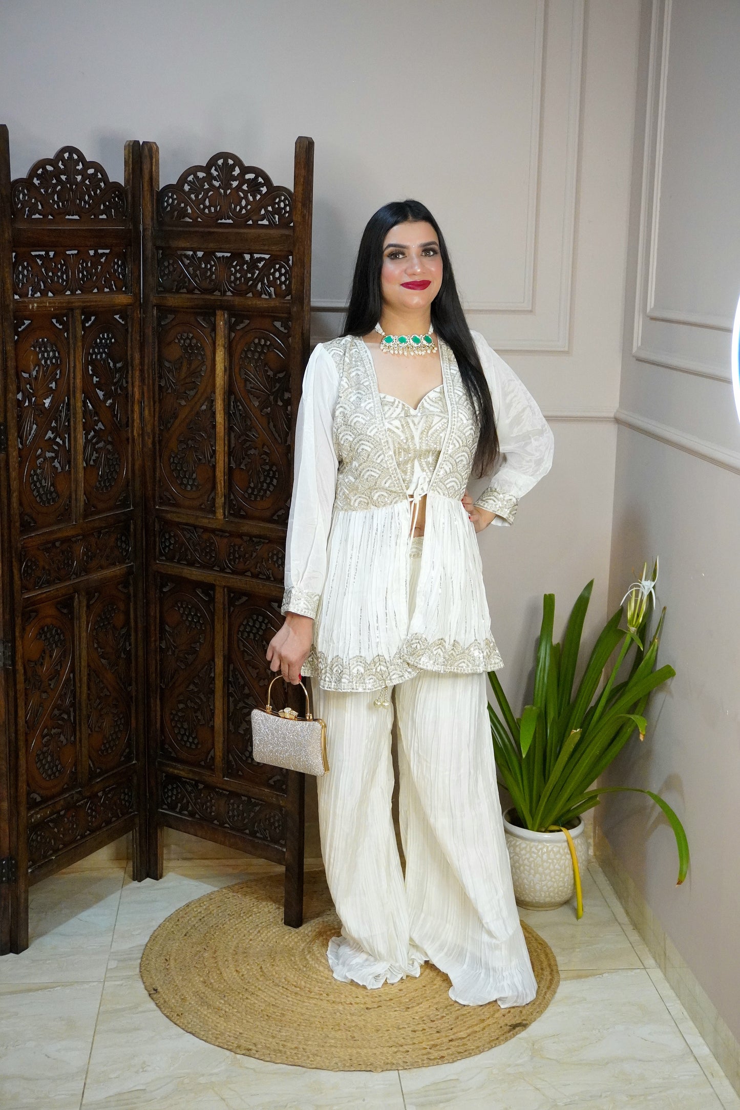 Off White Colour Palazzo with Crop Top and Designer Shrug (Dress have 4 inch of margin both side for alteration as per customer need)