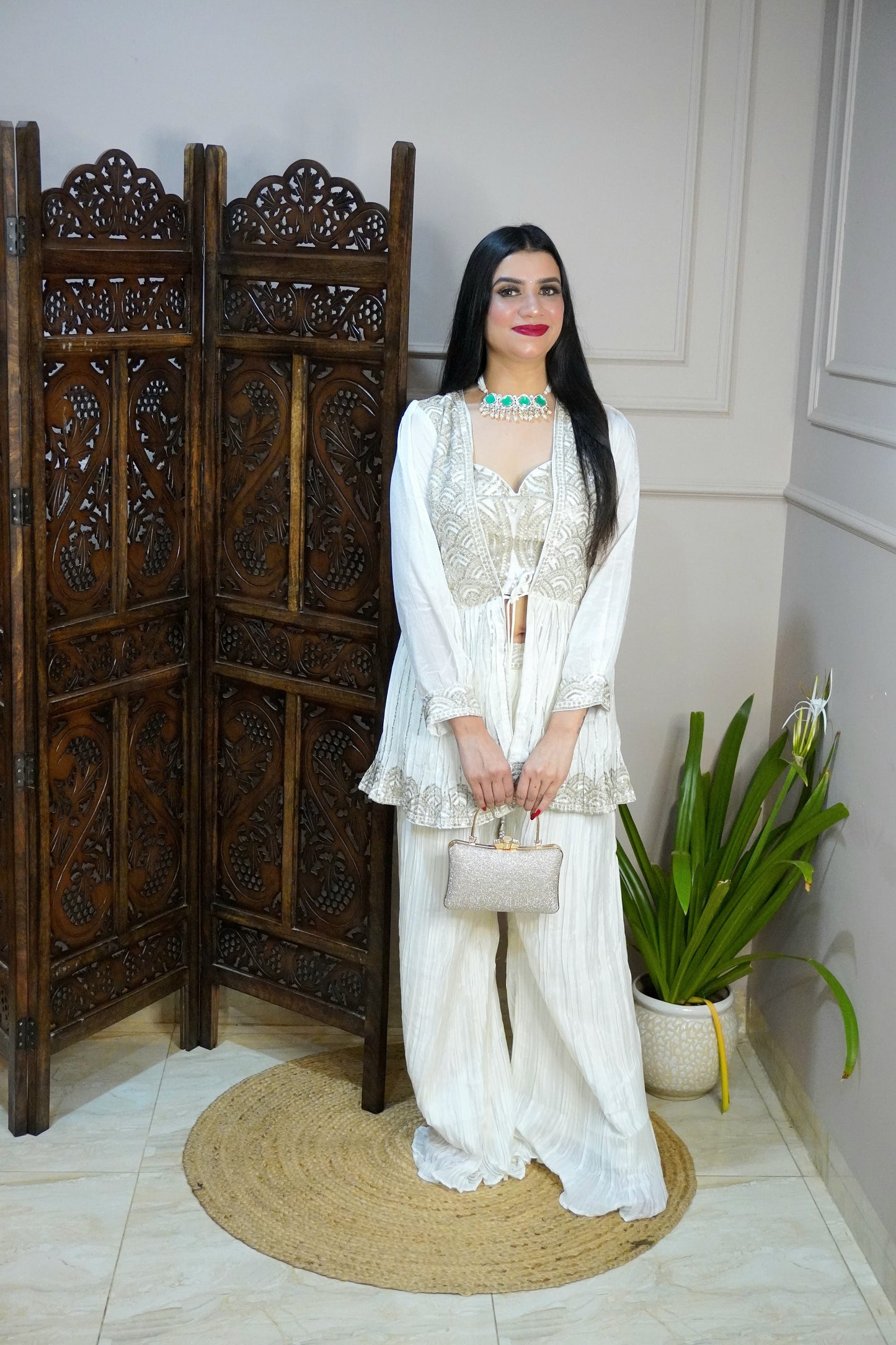 Off White Colour Palazzo with Crop Top and Designer Shrug (Dress have 4 inch of margin both side for alteration as per customer need)