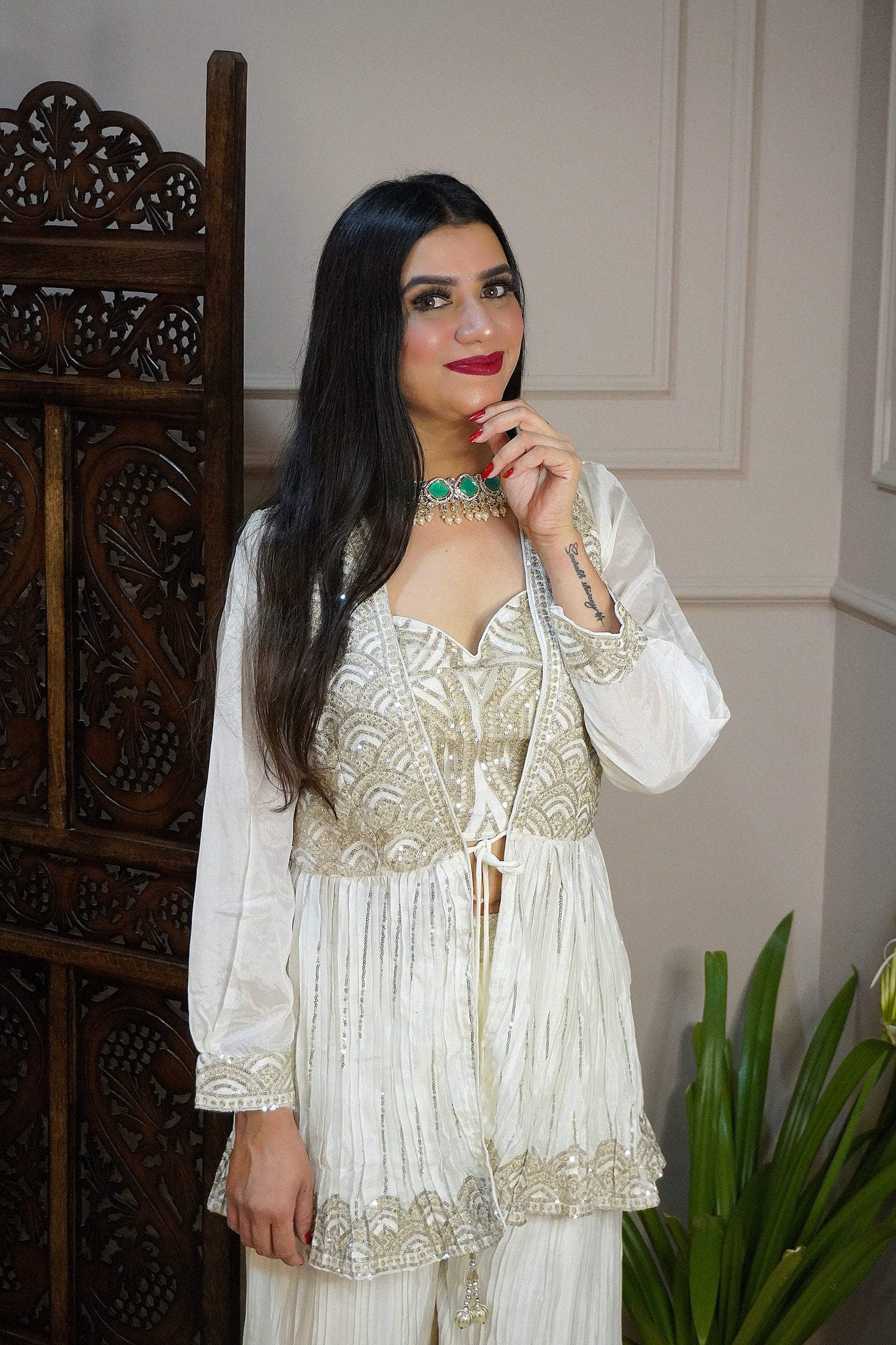 Off White Colour Palazzo with Crop Top and Designer Shrug (Dress have 4 inch of margin both side for alteration as per customer need)