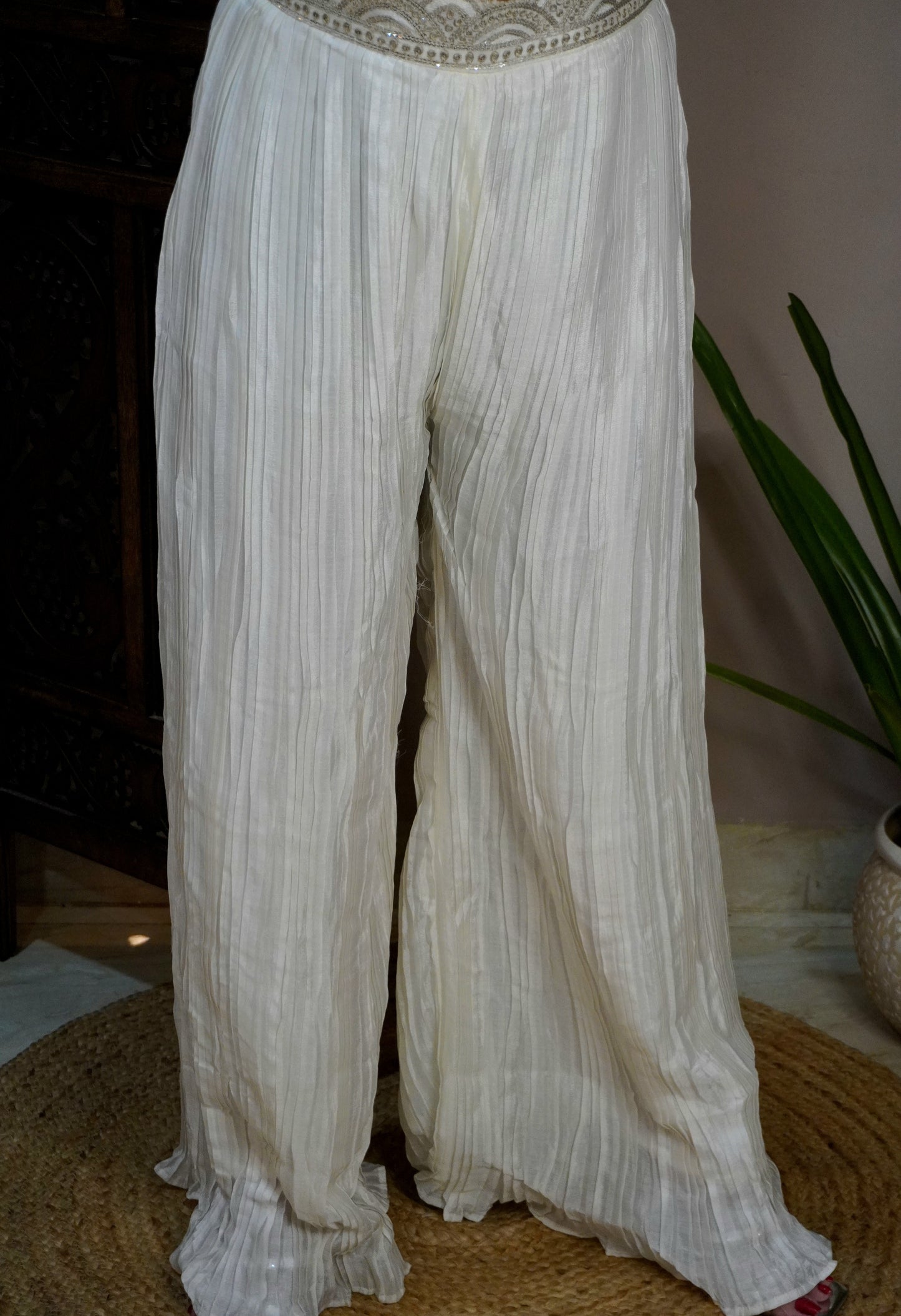 Off White Colour Palazzo with Crop Top and Designer Shrug (Dress have 4 inch of margin both side for alteration as per customer need)