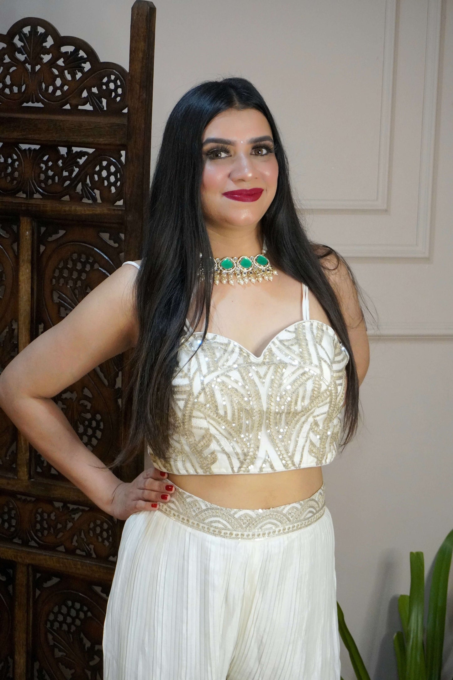 Off White Colour Palazzo with Crop Top and Designer Shrug (Dress have 4 inch of margin both side for alteration as per customer need)