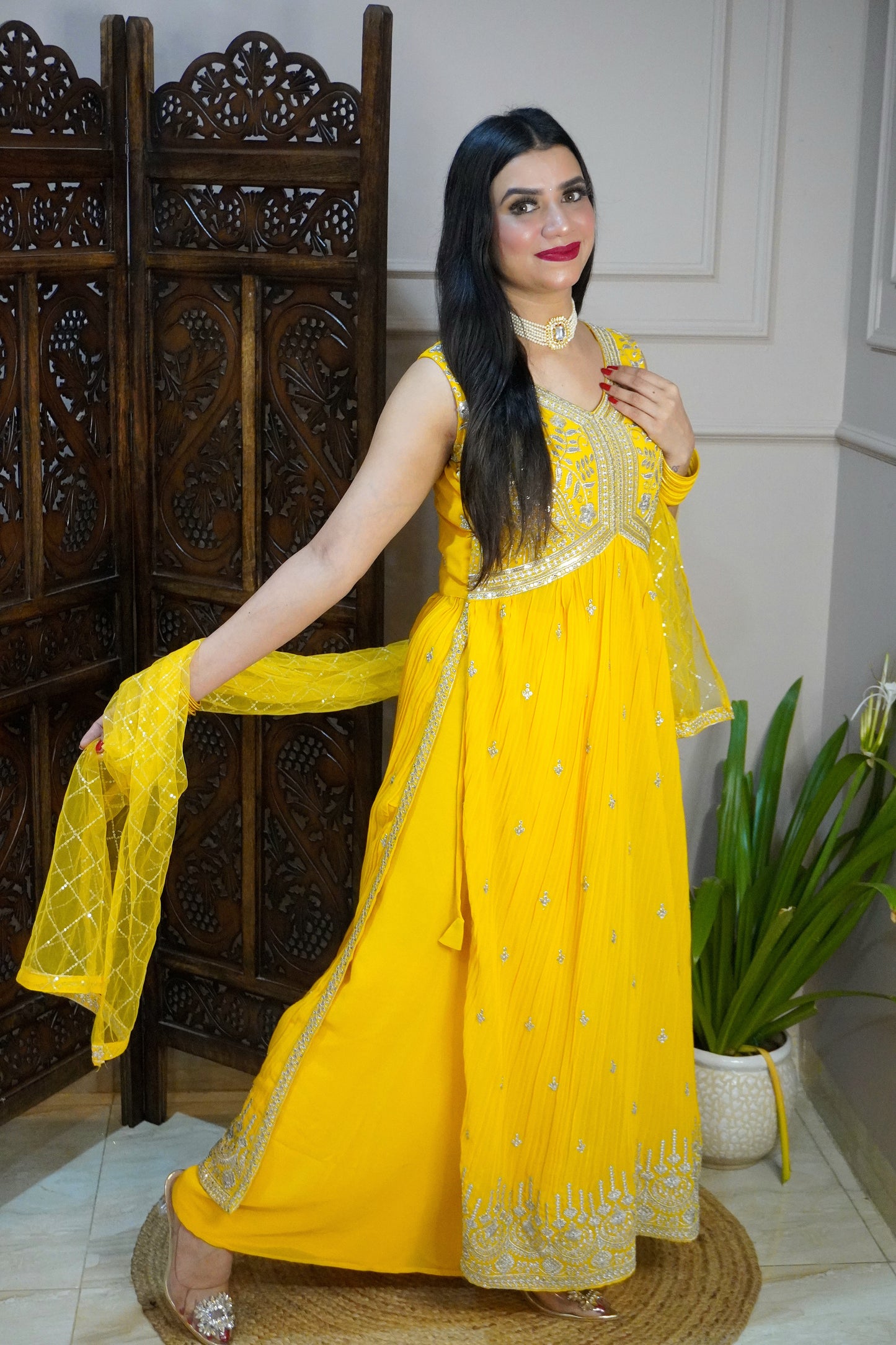 Women Sleeveless Yellow Colour Nyra Cut Kurta With Flare Palazzo & Magenta Colour Sequence Work Dupatta. (4 Inch margin in kurta, customer can alter as per their size)