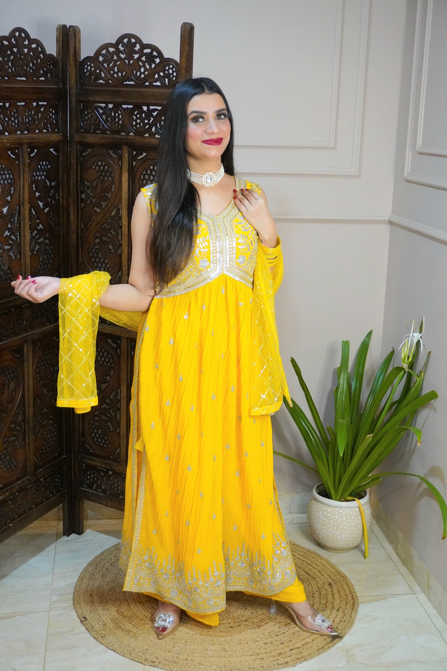 Women Sleeveless Yellow Colour Nyra Cut Kurta With Flare Palazzo & Magenta Colour Sequence Work Dupatta. (4 Inch margin in kurta, customer can alter as per their size)