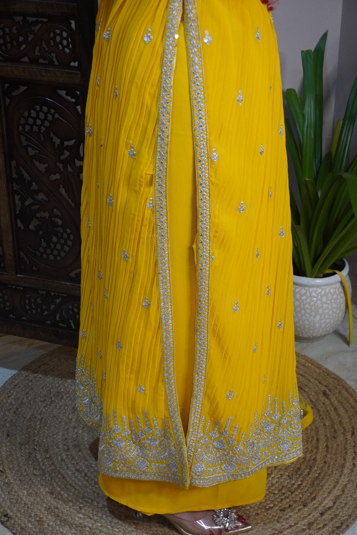 Women Sleeveless Yellow Colour Nyra Cut Kurta With Flare Palazzo & Magenta Colour Sequence Work Dupatta. (4 Inch margin in kurta, customer can alter as per their size)