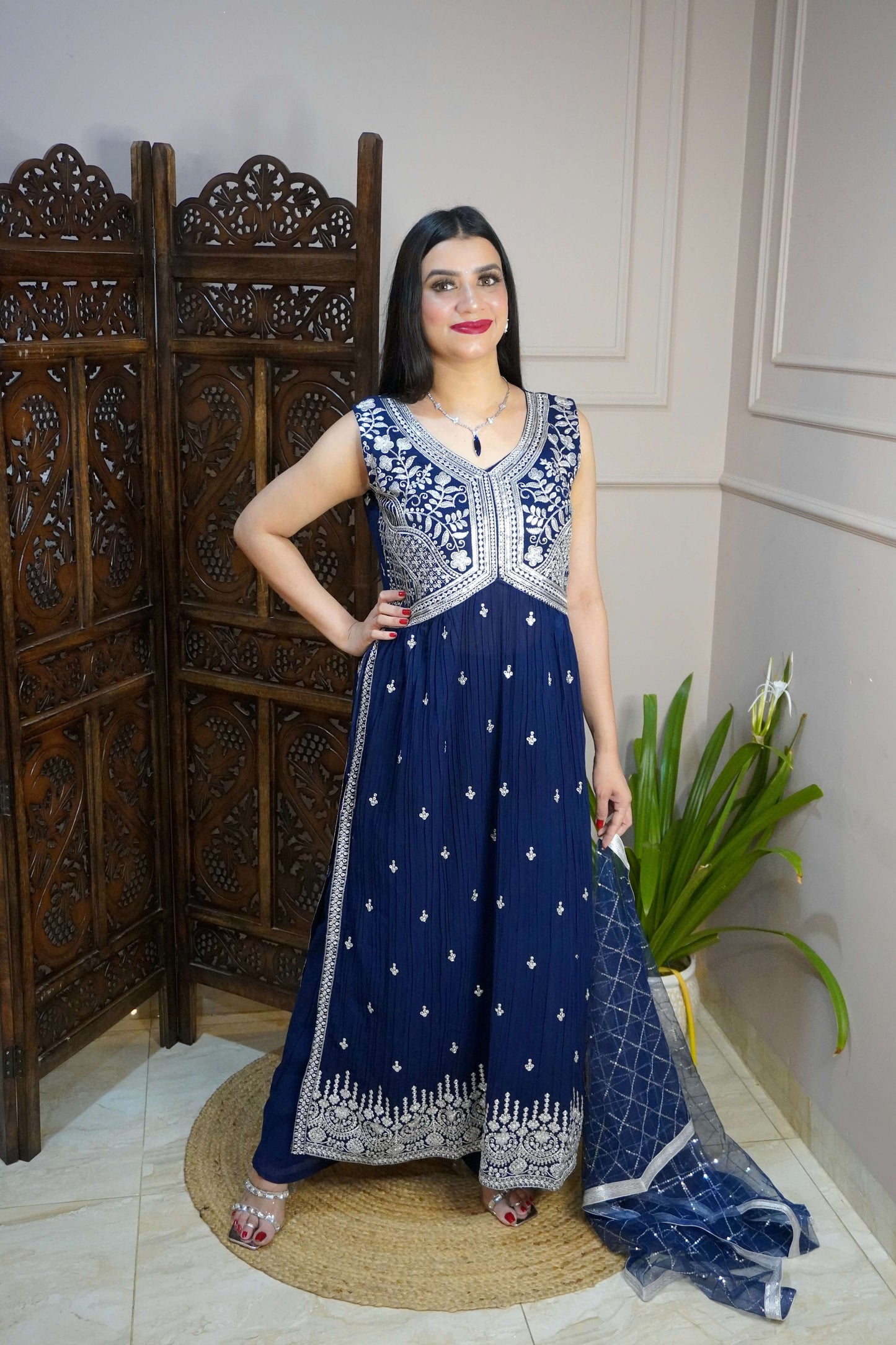 Women Sleeveless Navy Blue Colour Nyra Cut Kurta With Flare Palazzo & Magenta Colour Sequence Work Dupatta. (4 Inch margin in kurta, customer can alter as per their size)