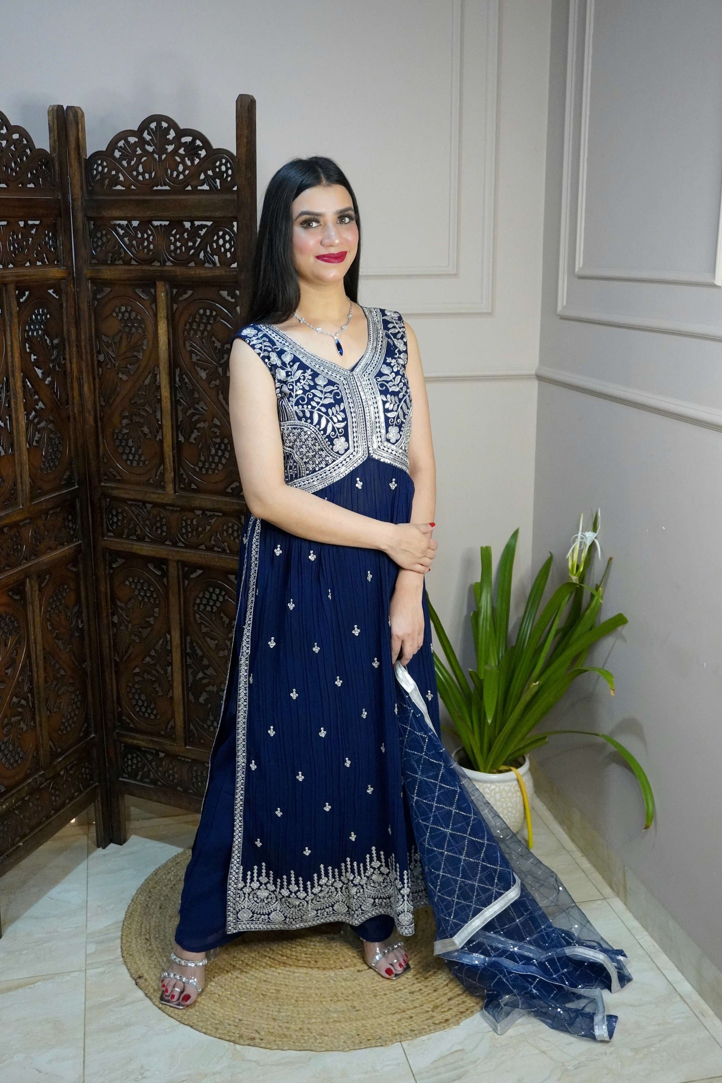 Women Sleeveless Navy Blue Colour Nyra Cut Kurta With Flare Palazzo & Magenta Colour Sequence Work Dupatta. (4 Inch margin in kurta, customer can alter as per their size)
