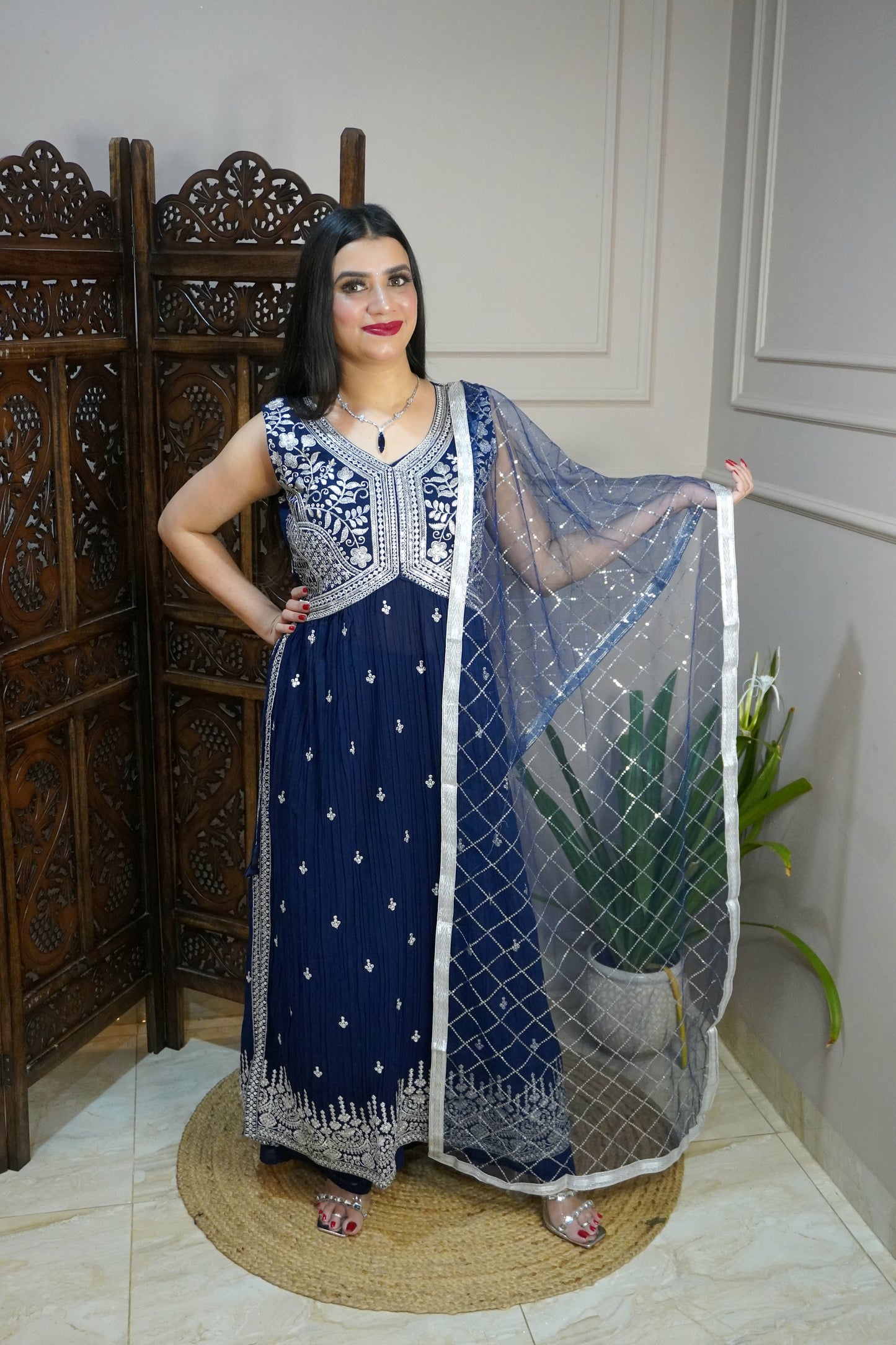 Women Sleeveless Navy Blue Colour Nyra Cut Kurta With Flare Palazzo & Magenta Colour Sequence Work Dupatta. (4 Inch margin in kurta, customer can alter as per their size)