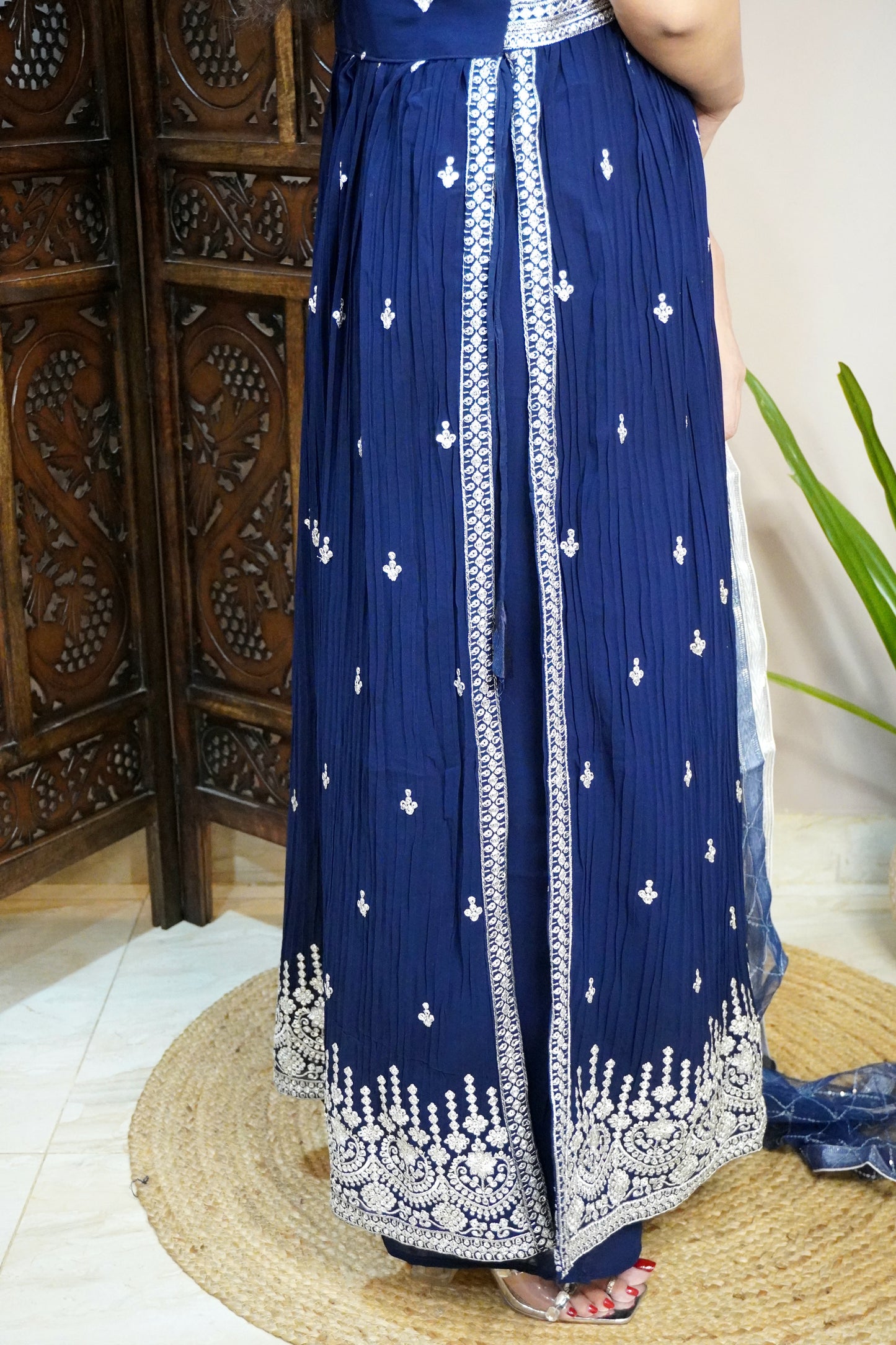 Women Sleeveless Navy Blue Colour Nyra Cut Kurta With Flare Palazzo & Magenta Colour Sequence Work Dupatta. (4 Inch margin in kurta, customer can alter as per their size)