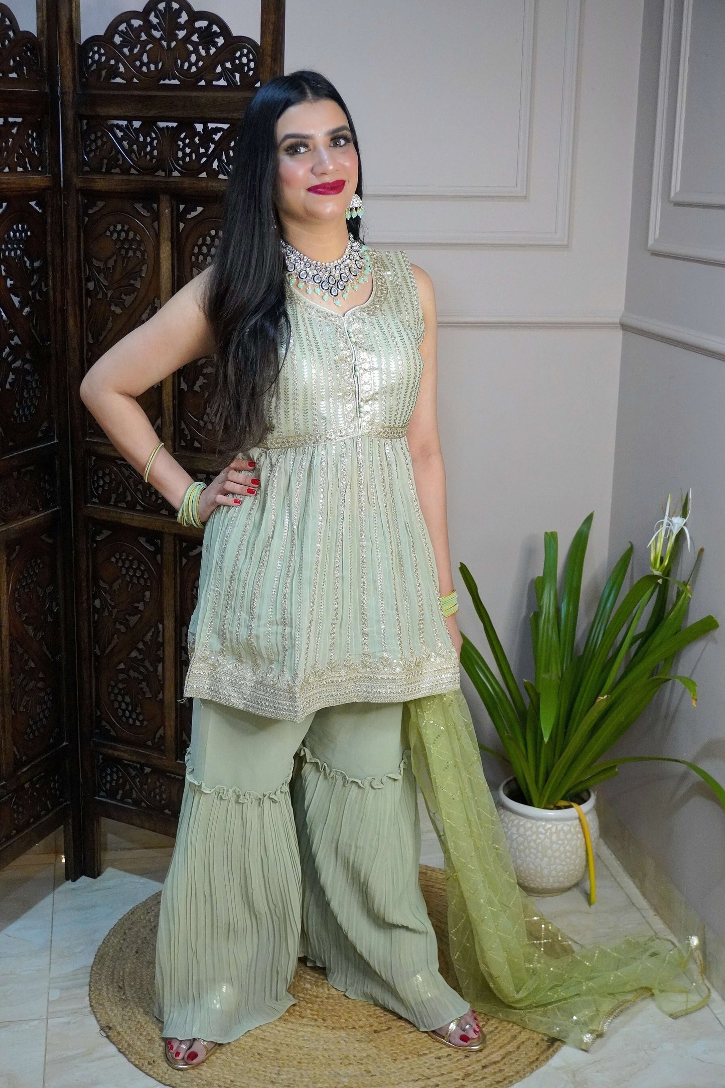 Pista Green Colour Sequence & Thread Work Kurta with Sharara & Dupatta (Dress have 6 inch of margin both side for alteration as per customer need)