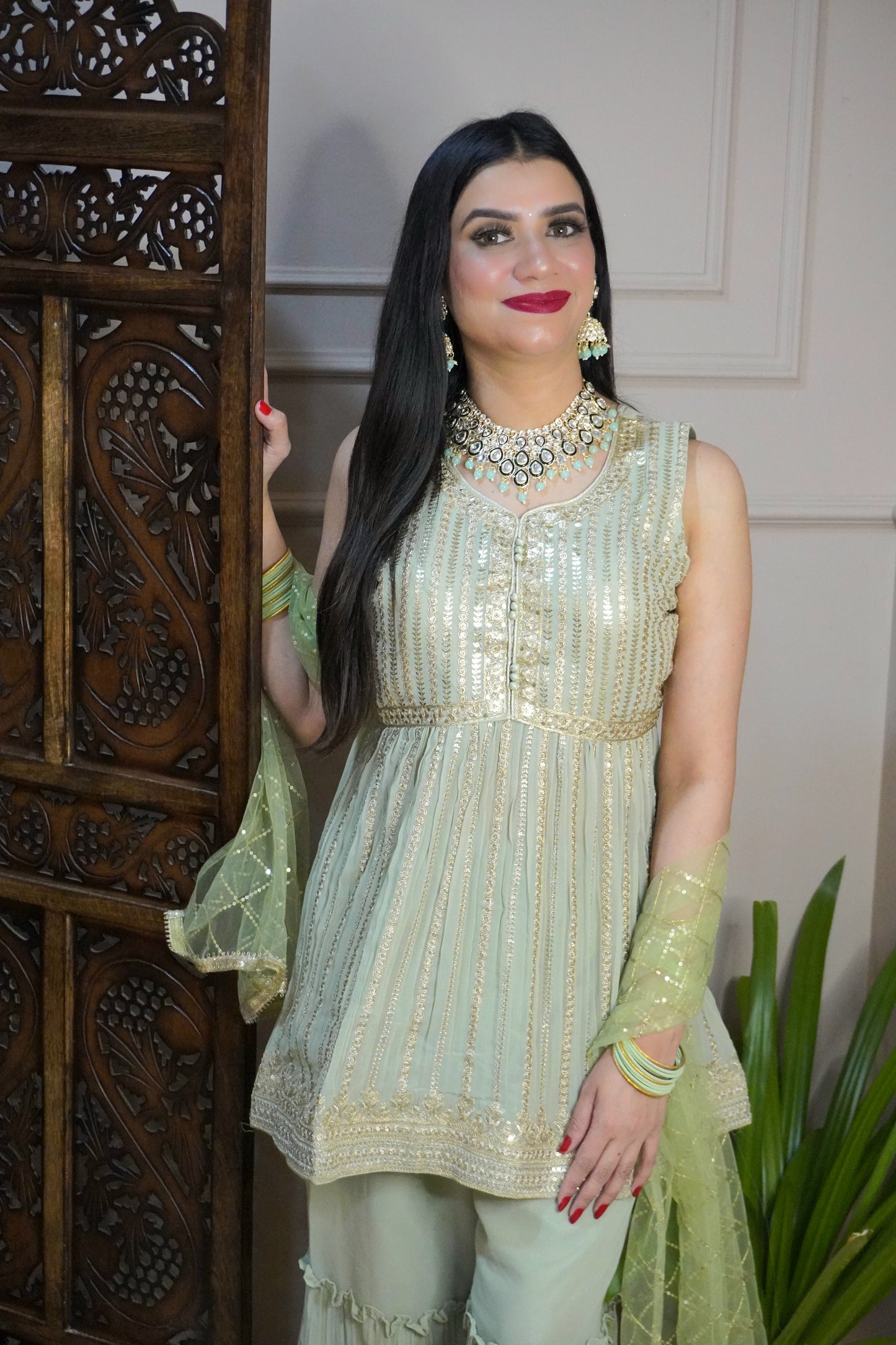 Pista Green Colour Sequence & Thread Work Kurta with Sharara & Dupatta (Dress have 6 inch of margin both side for alteration as per customer need)