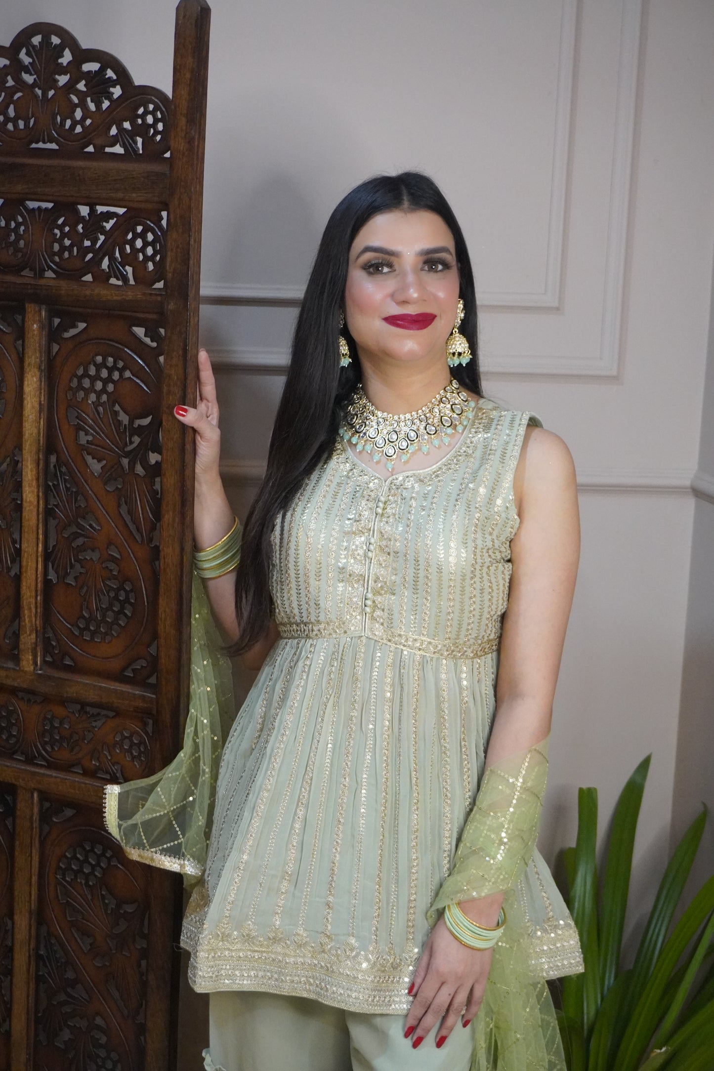 Pista Green Colour Sequence & Thread Work Kurta with Sharara & Dupatta (Dress have 6 inch of margin both side for alteration as per customer need)