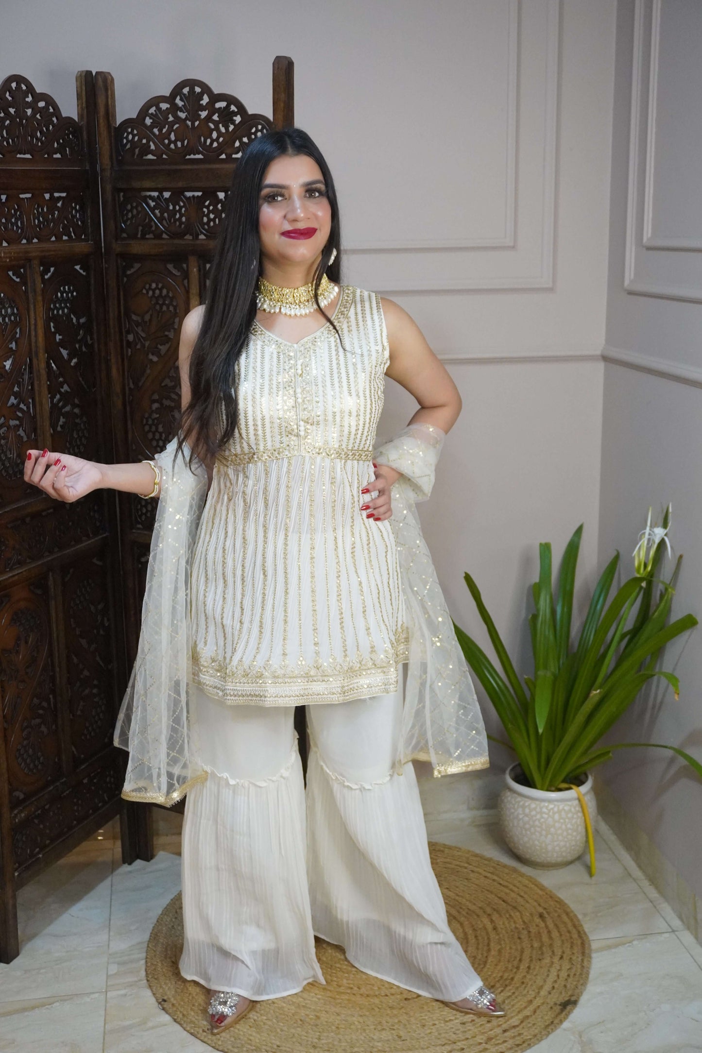 Off White Colour Sequence & Thread Work Kurta with Sharara & Dupatta (Dress have 6 inch of margin both side for alteration as per customer need)