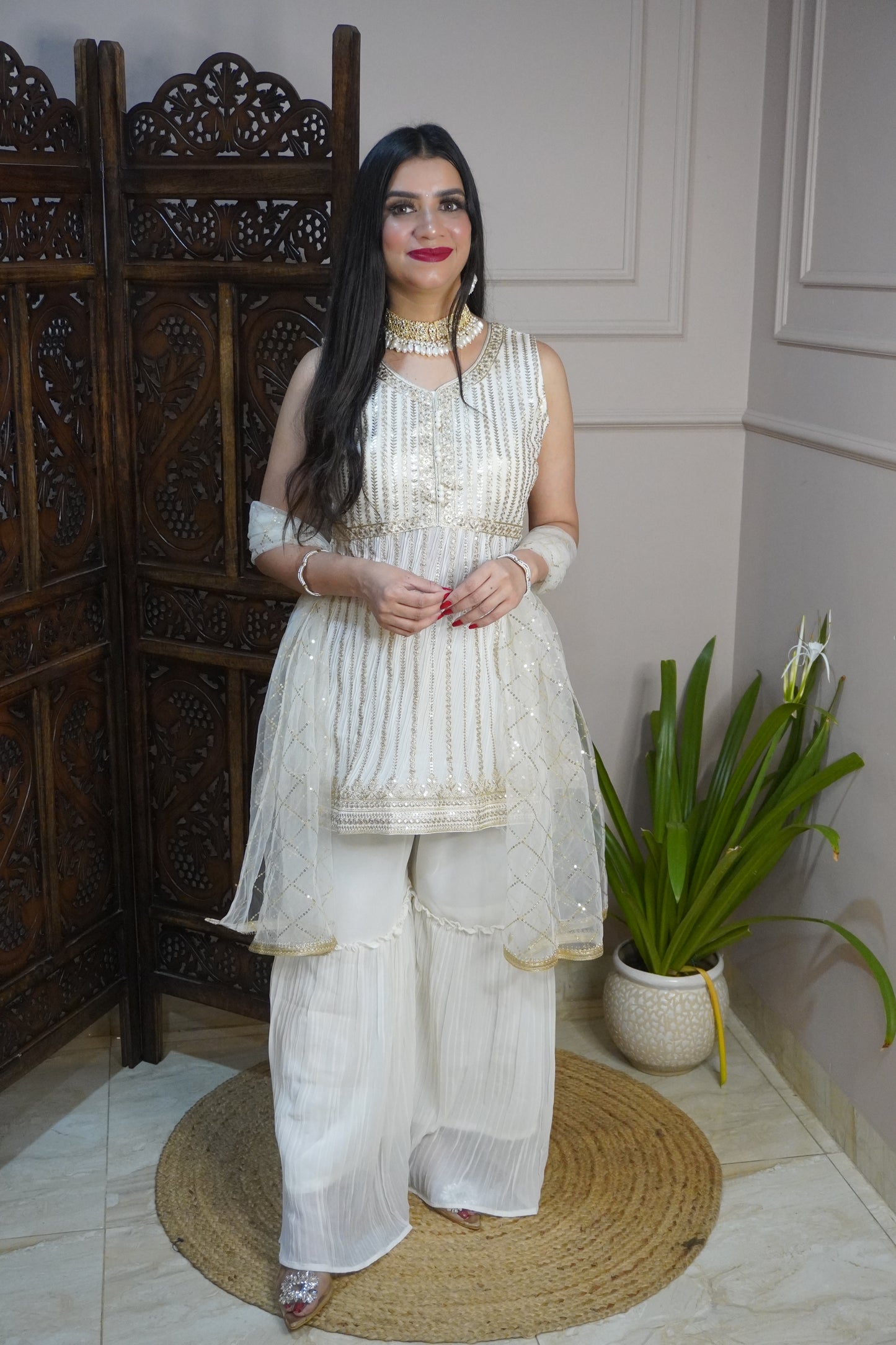 Off White Colour Sequence & Thread Work Kurta with Sharara & Dupatta (Dress have 6 inch of margin both side for alteration as per customer need)