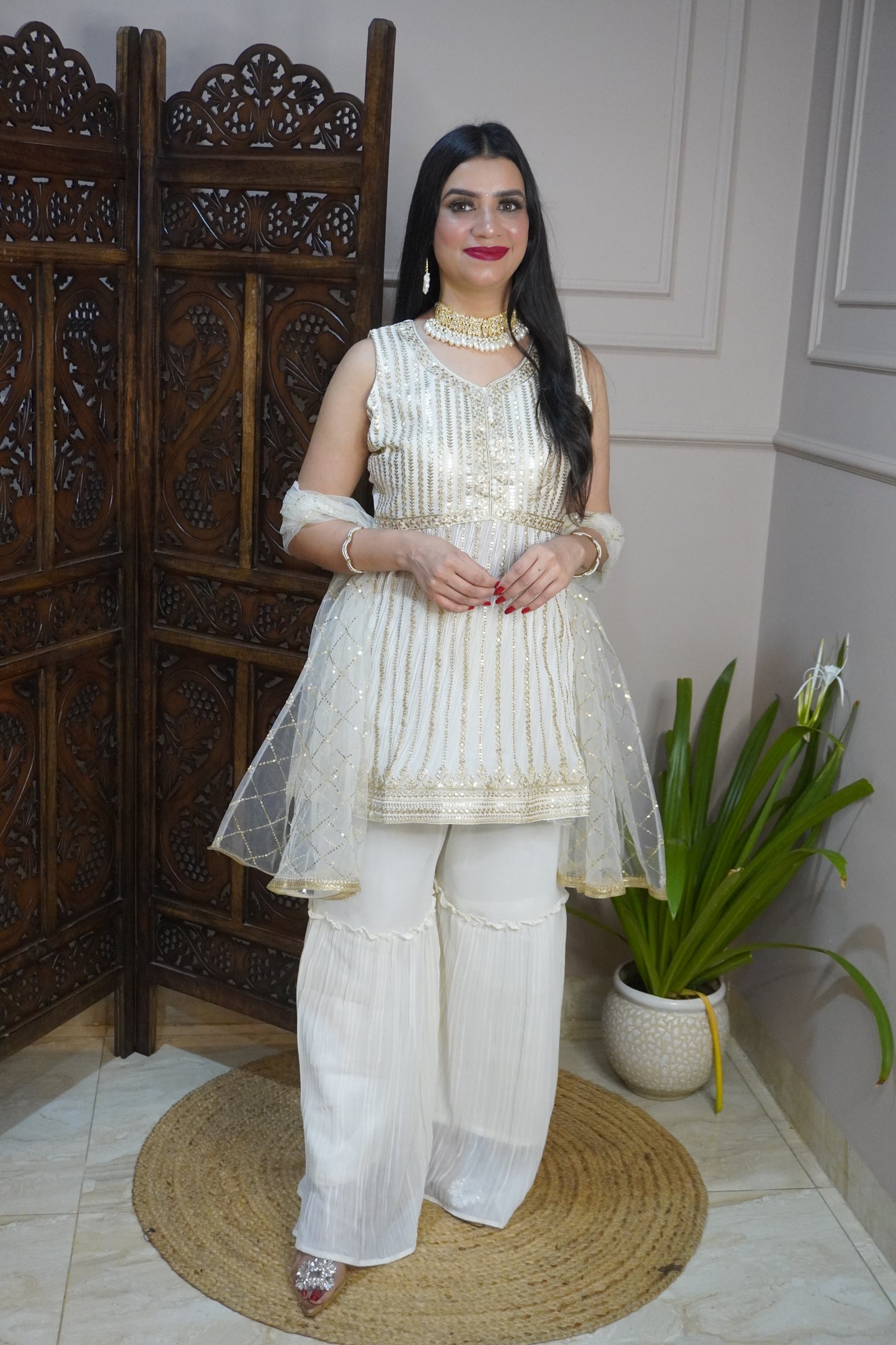 Off White Colour Sequence & Thread Work Kurta with Sharara & Dupatta (Dress have 6 inch of margin both side for alteration as per customer need)