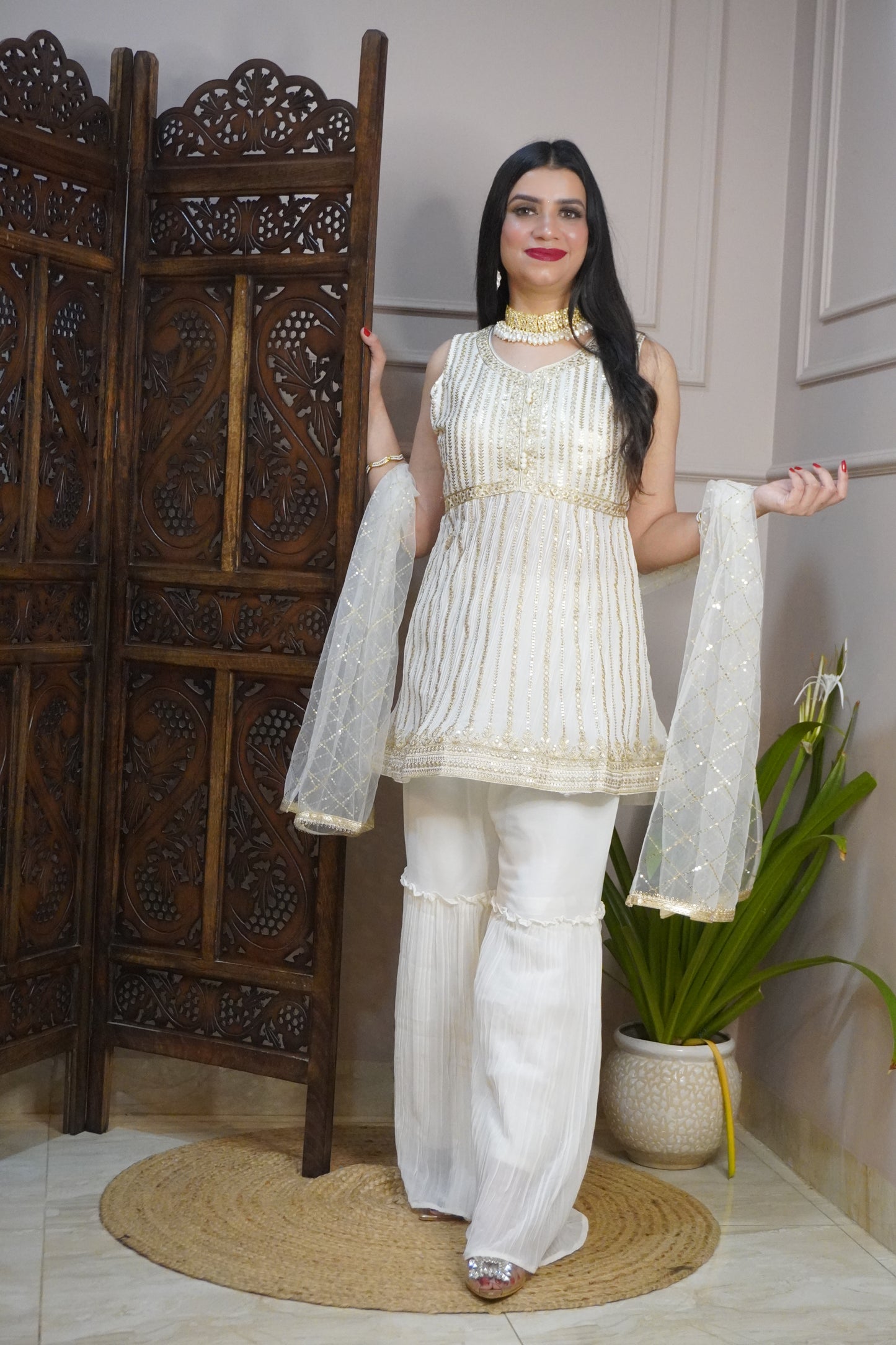 Off White Colour Sequence & Thread Work Kurta with Sharara & Dupatta (Dress have 6 inch of margin both side for alteration as per customer need)
