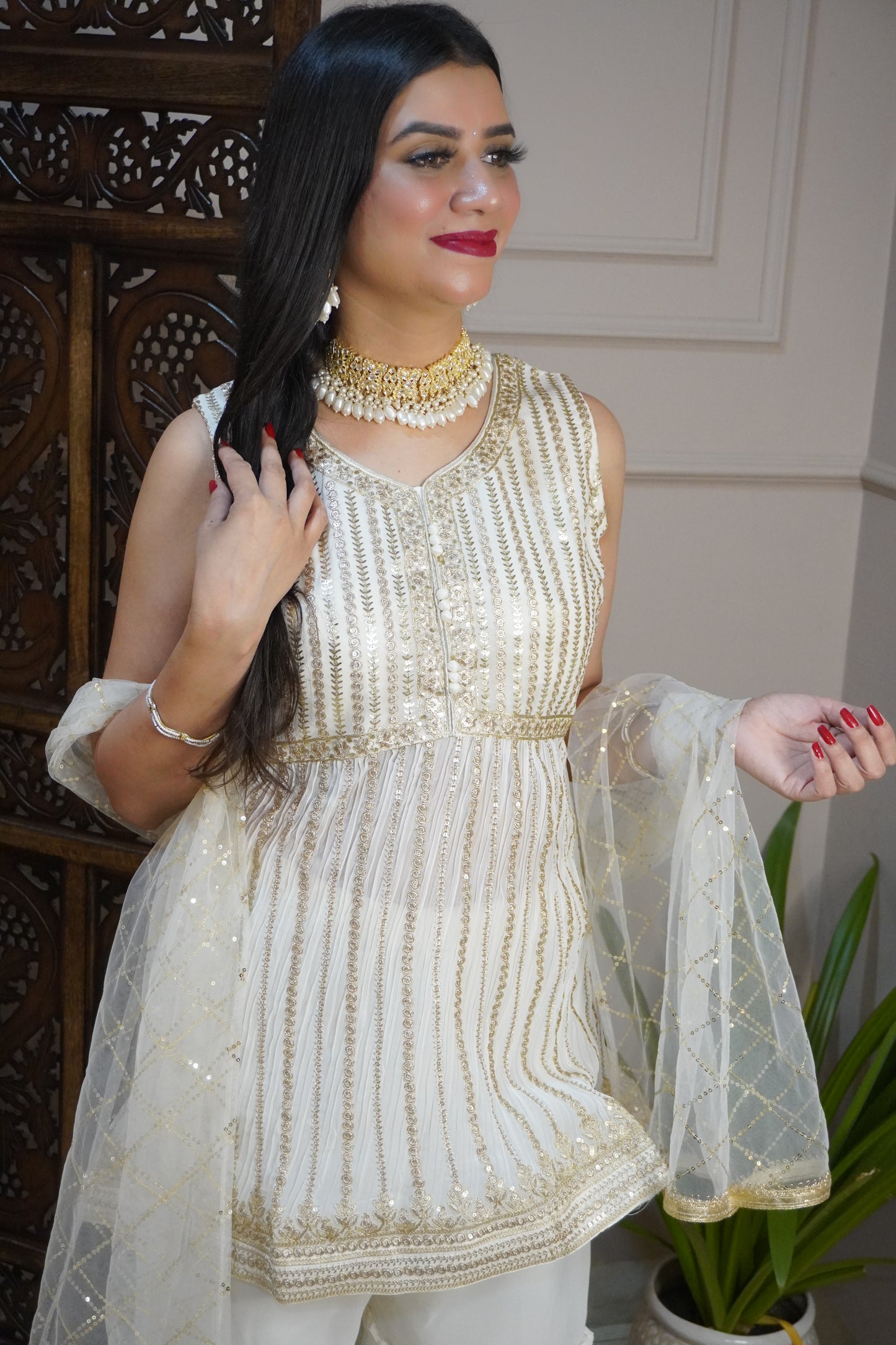 Off White Colour Sequence & Thread Work Kurta with Sharara & Dupatta (Dress have 6 inch of margin both side for alteration as per customer need)