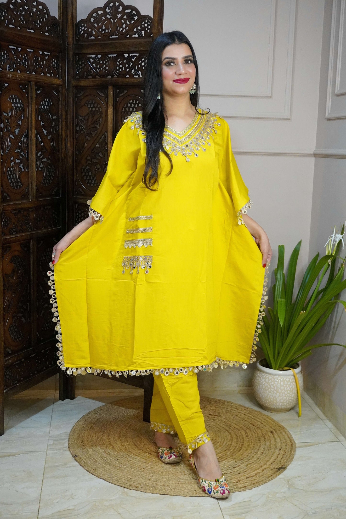 Mustard yellow Colour Gota and Mirror Work Kaftan Set With Pocket
