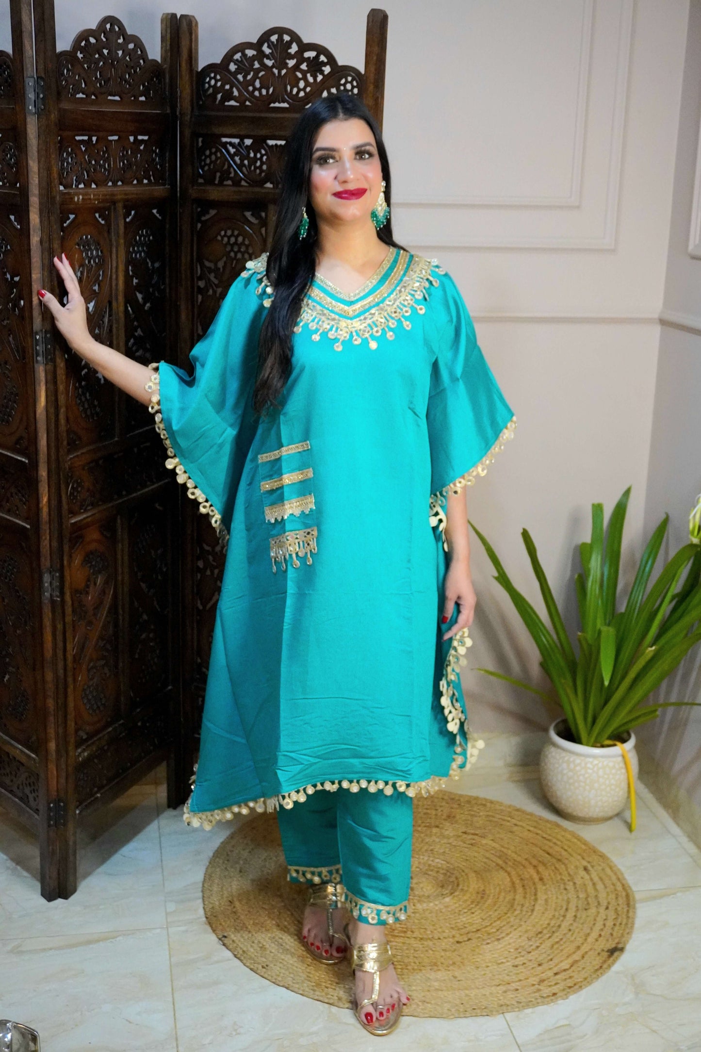 Turquoise Blue Colour Gota and Mirror Work Kaftan Set With Pocket