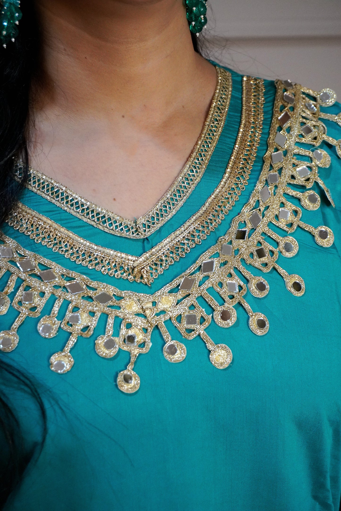 Turquoise Blue Colour Gota and Mirror Work Kaftan Set With Pocket