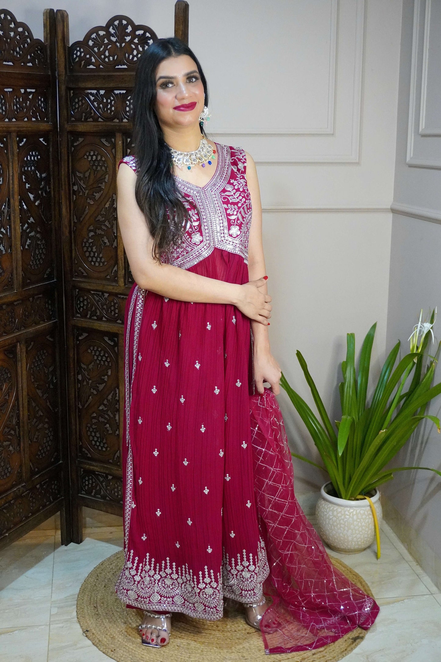 Women Sleeveless Magenta Colour Nyra Cut Kurta With Flare Palazzo & Magenta Colour Sequence Work Dupatta. (4 Inch margin in kurta, customer can alter as per their size)