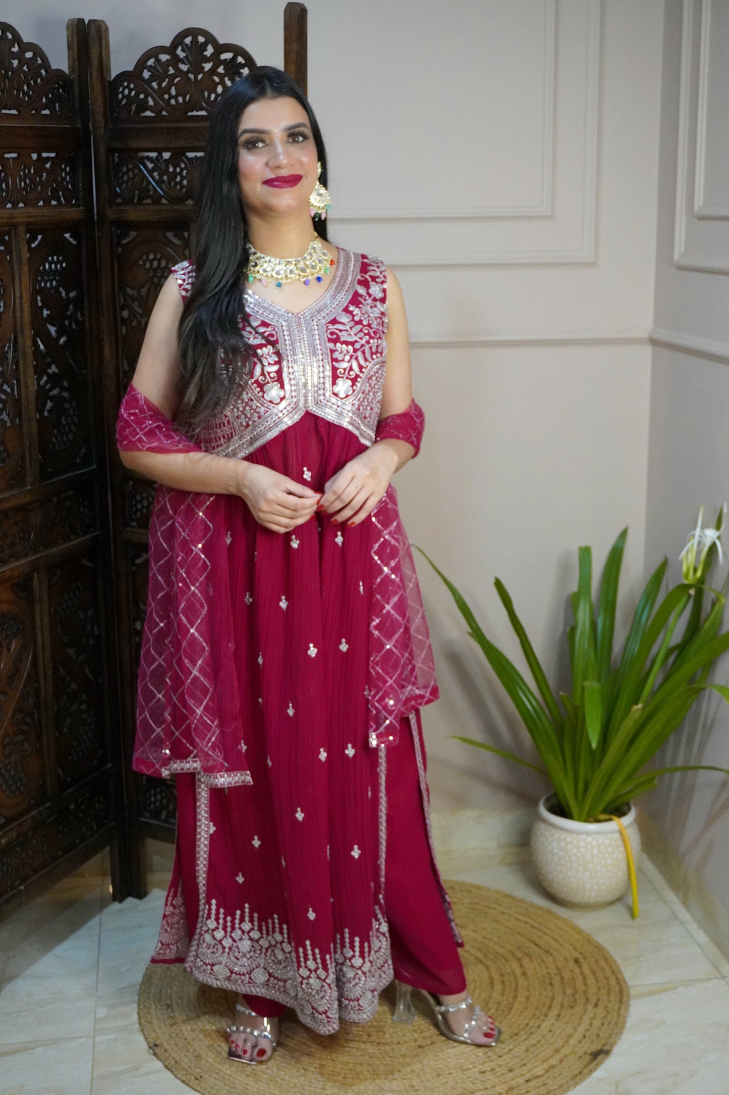 Women Sleeveless Magenta Colour Nyra Cut Kurta With Flare Palazzo & Magenta Colour Sequence Work Dupatta. (4 Inch margin in kurta, customer can alter as per their size)