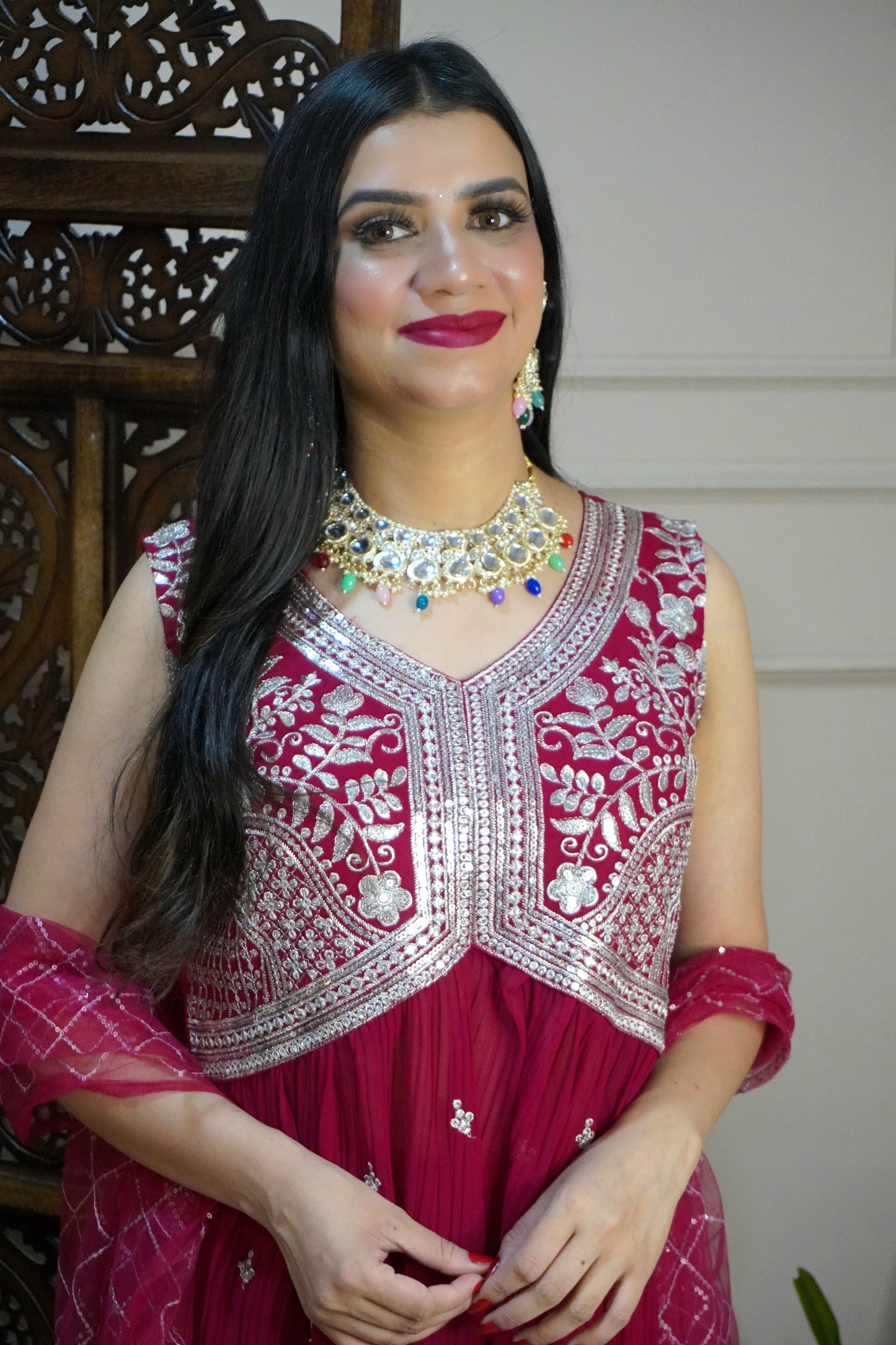 Women Sleeveless Magenta Colour Nyra Cut Kurta With Flare Palazzo & Magenta Colour Sequence Work Dupatta. (4 Inch margin in kurta, customer can alter as per their size)