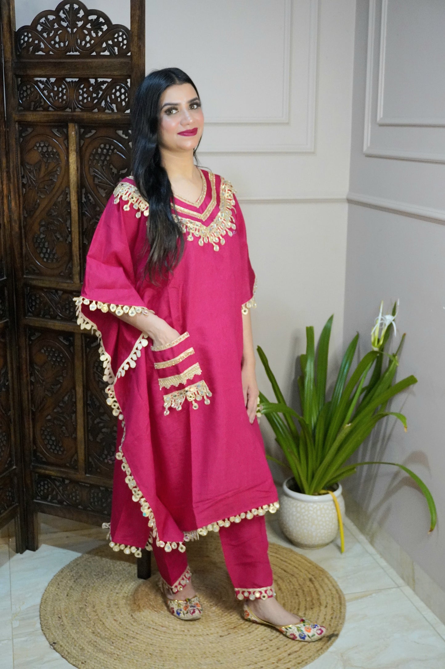 Fuchsia Pink Colour Gota and Mirror Work Kaftan Set With Pocket