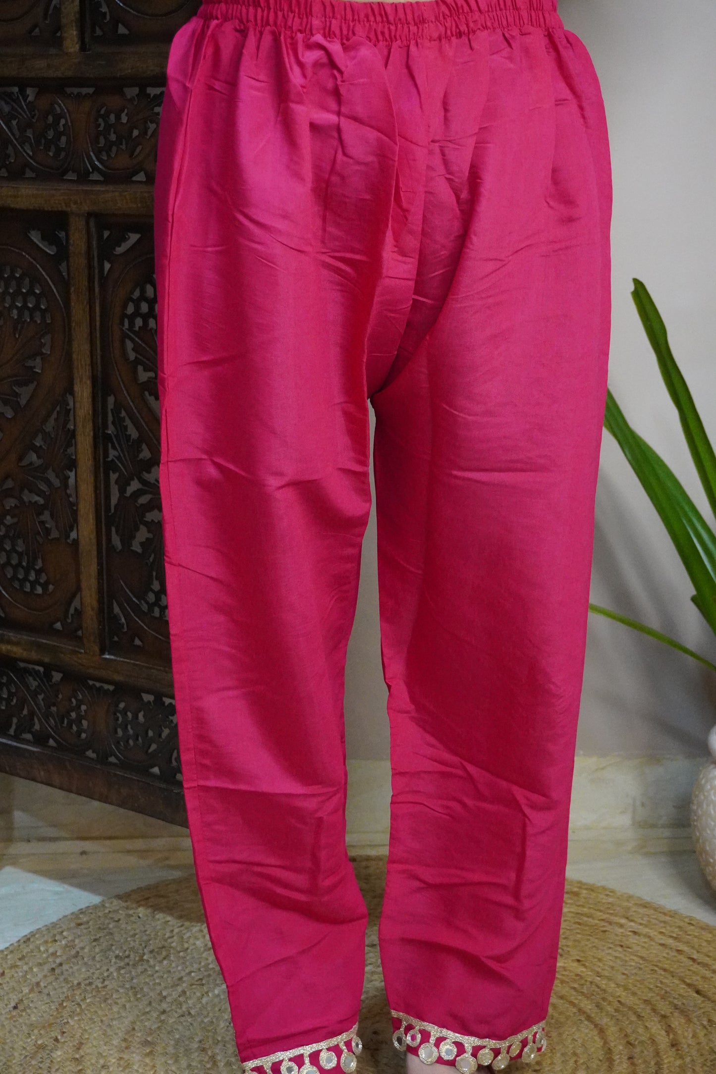 Fuchsia Pink Colour Gota and Mirror Work Kaftan Set With Pocket