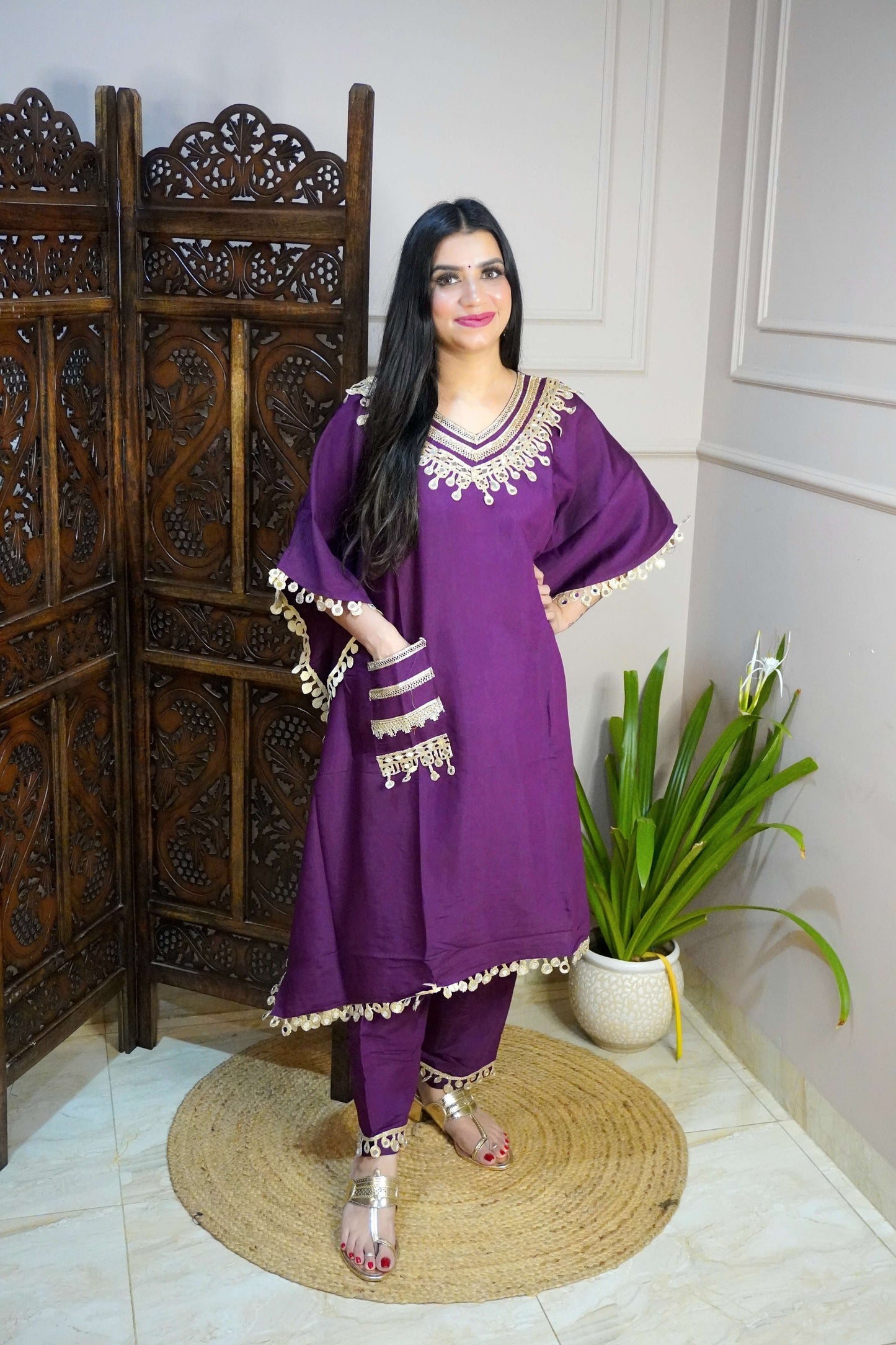 Wine Colour Gota and Mirror Work Kaftan Set With Pocket