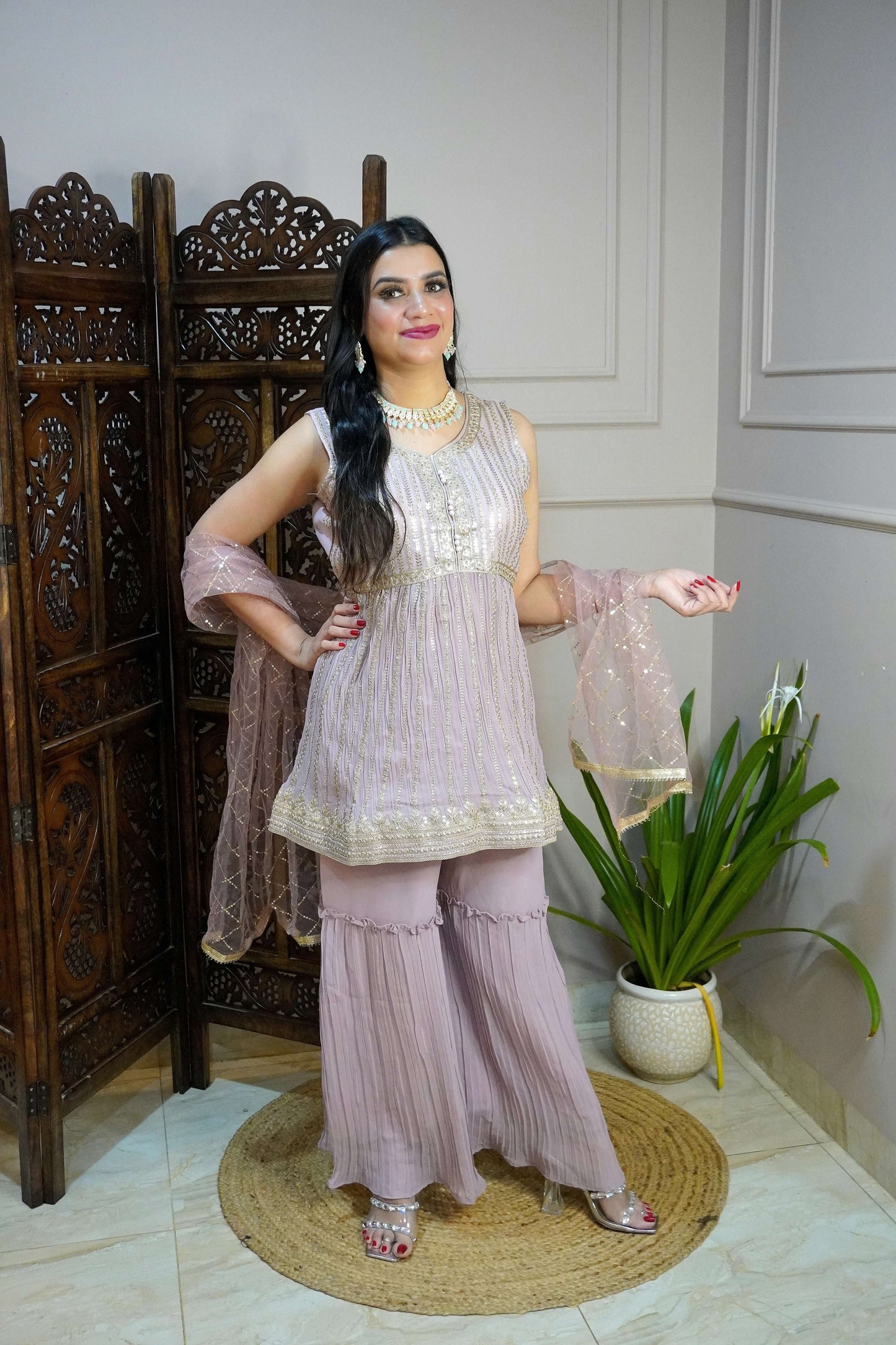 Mauve Colour Sequence & Thread Work Kurta with Sharara & Dupatta (Dress have 6 inch of margin both side for alteration as per customer need)