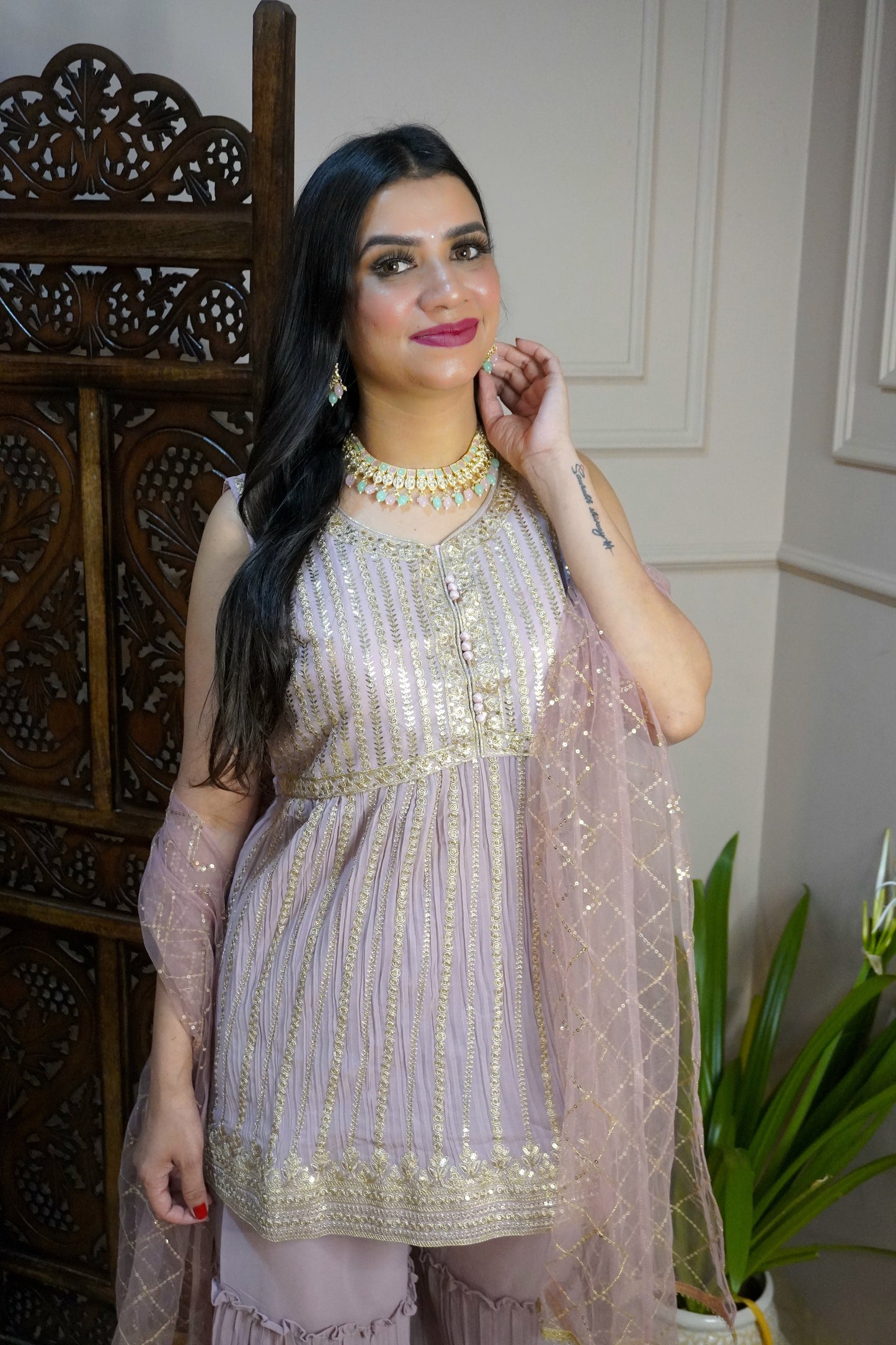 Mauve Colour Sequence & Thread Work Kurta with Sharara & Dupatta (Dress have 6 inch of margin both side for alteration as per customer need)