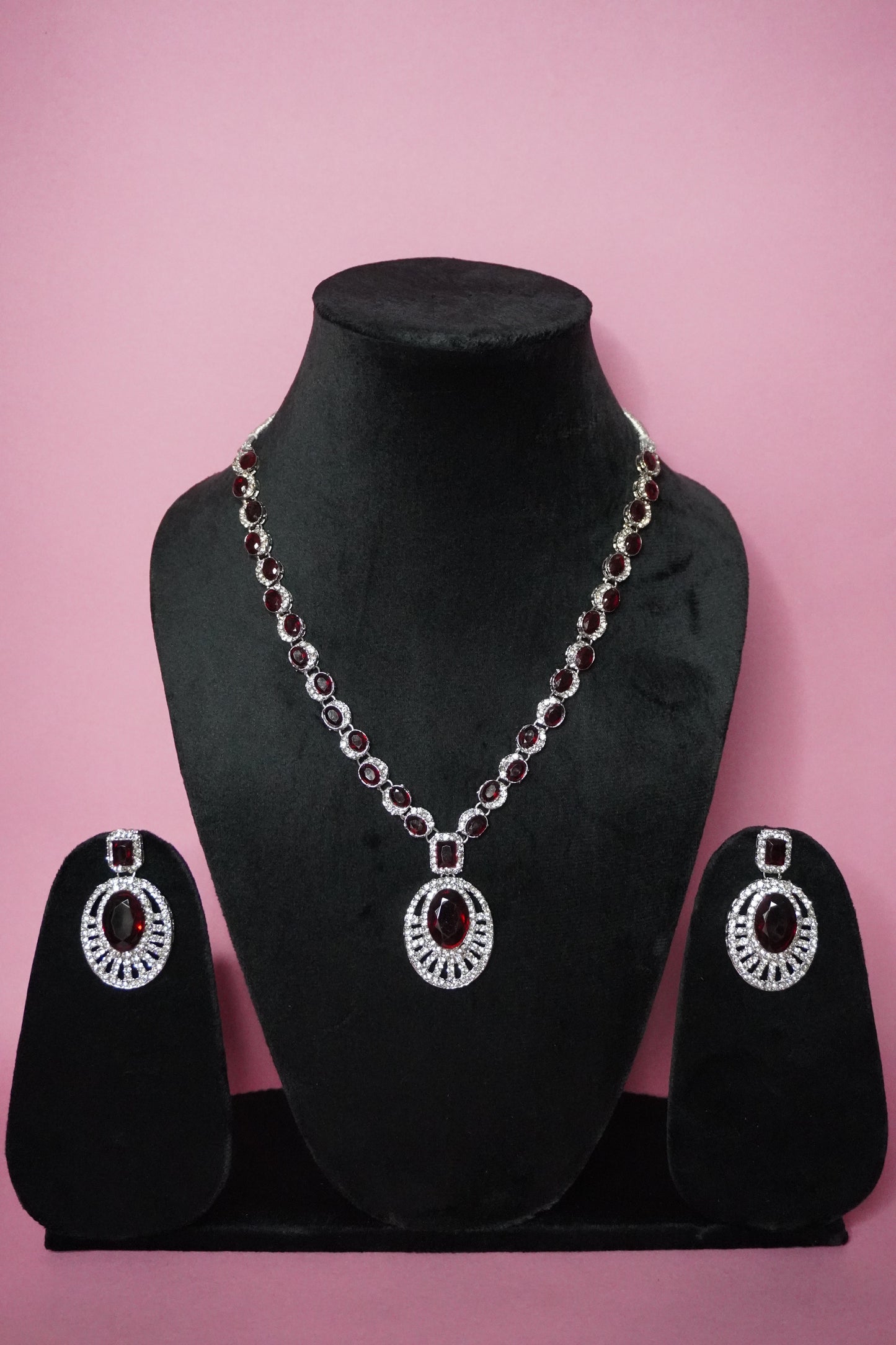 Maroon Colour Diamond work Pendant Necklace with Earring
