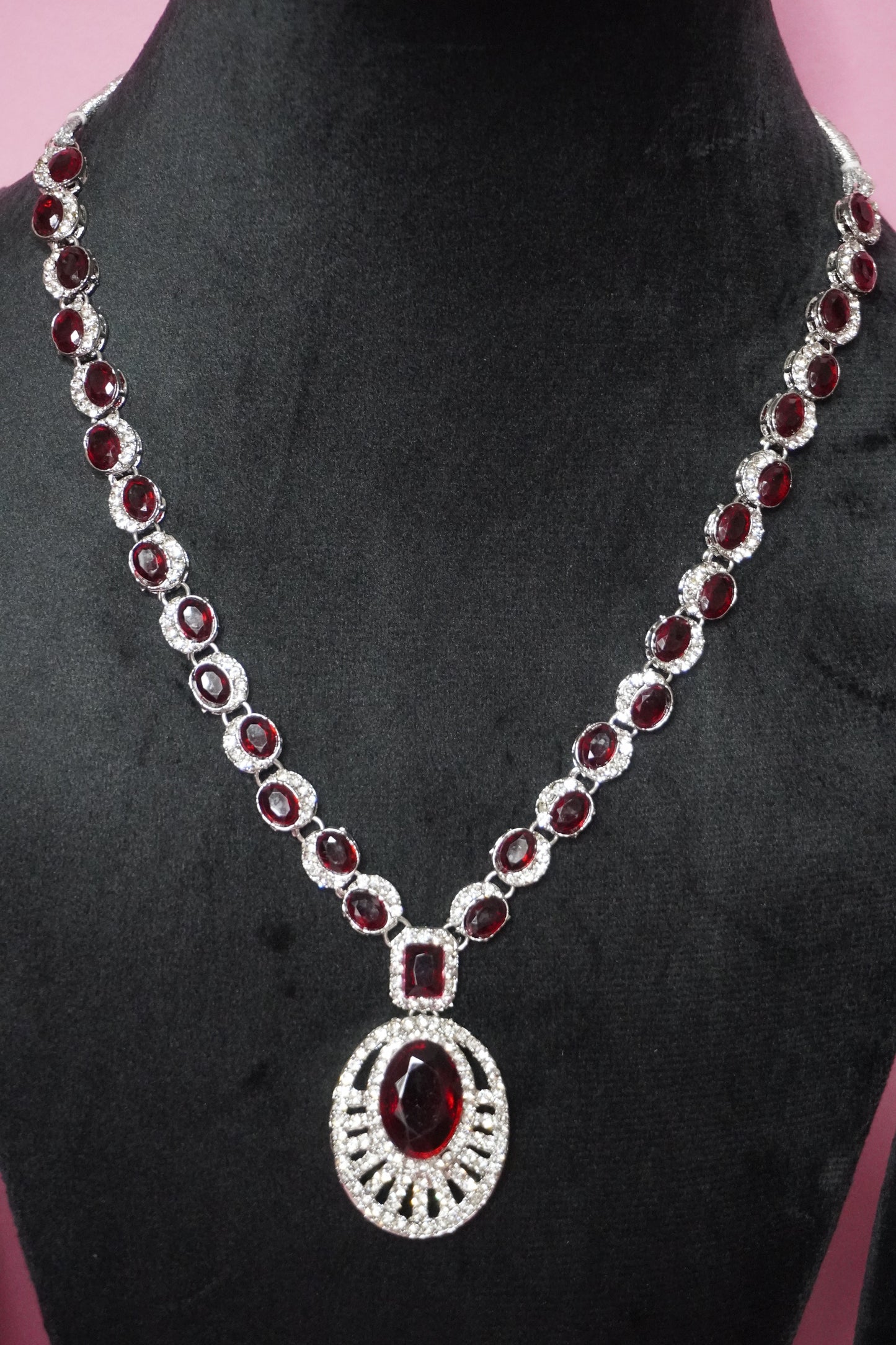 Maroon Colour Diamond work Pendant Necklace with Earring