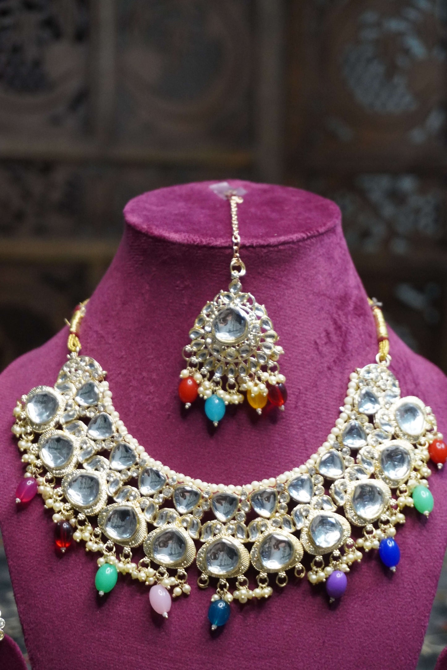 Multi Colour Kundan Necklace with Earring & Maang Tikka