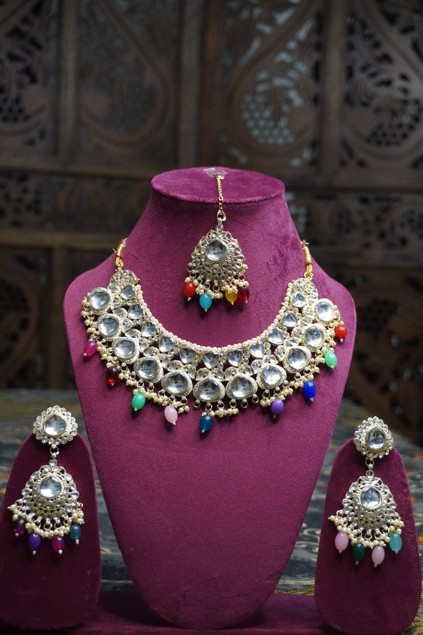 Multi Colour Kundan Necklace with Earring & Maang Tikka