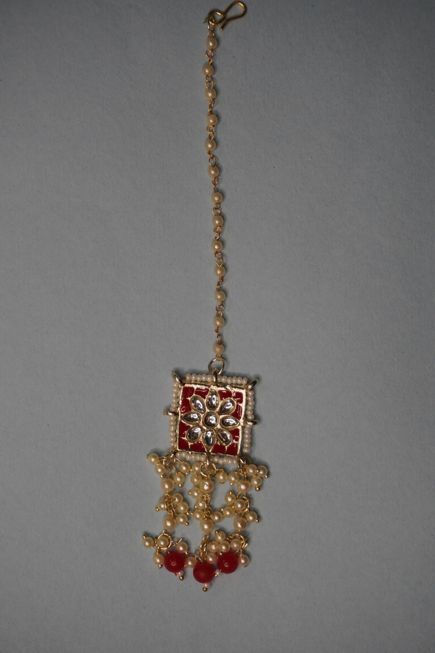 Red Colour Gold Plated Pearl Choker Necklace with Earring & Maang Tikka