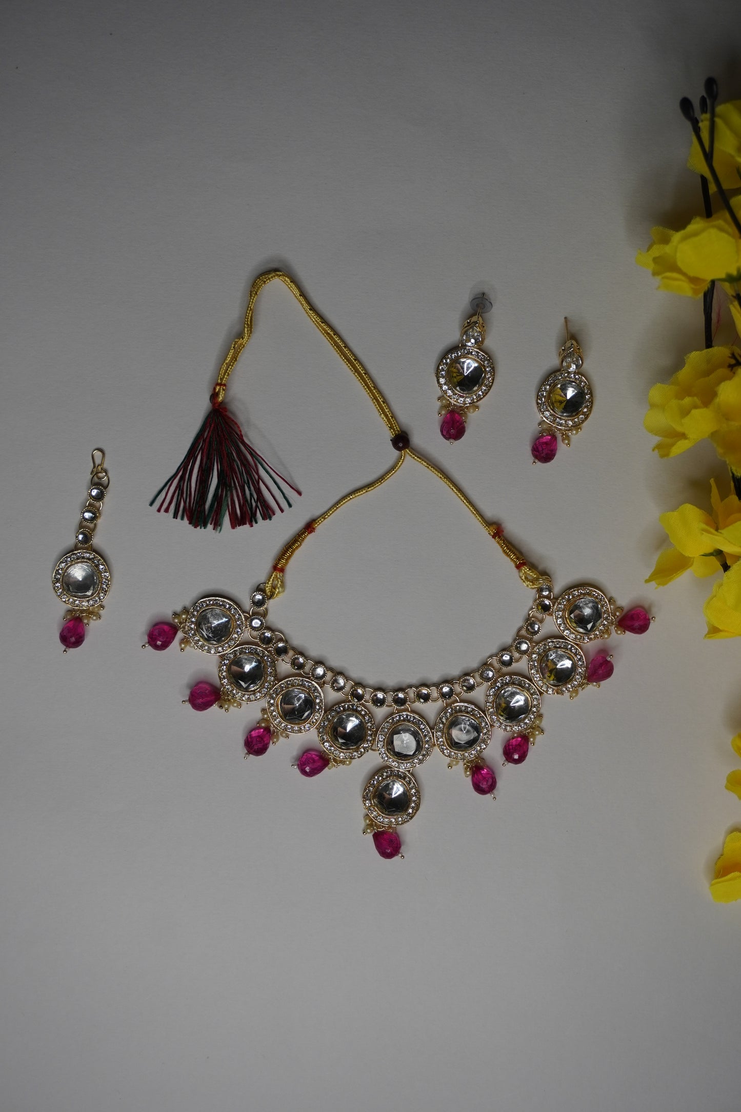 Pink Colour Kundan Necklace with Earring & Maang Tikka