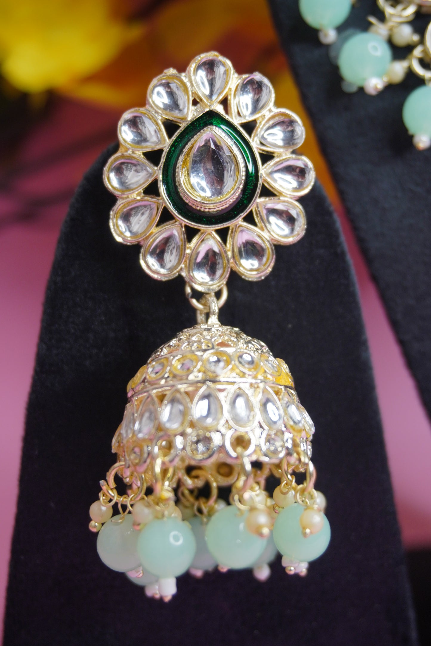 Pista green Heavy kundan necklace with Earring & Maang Tikka