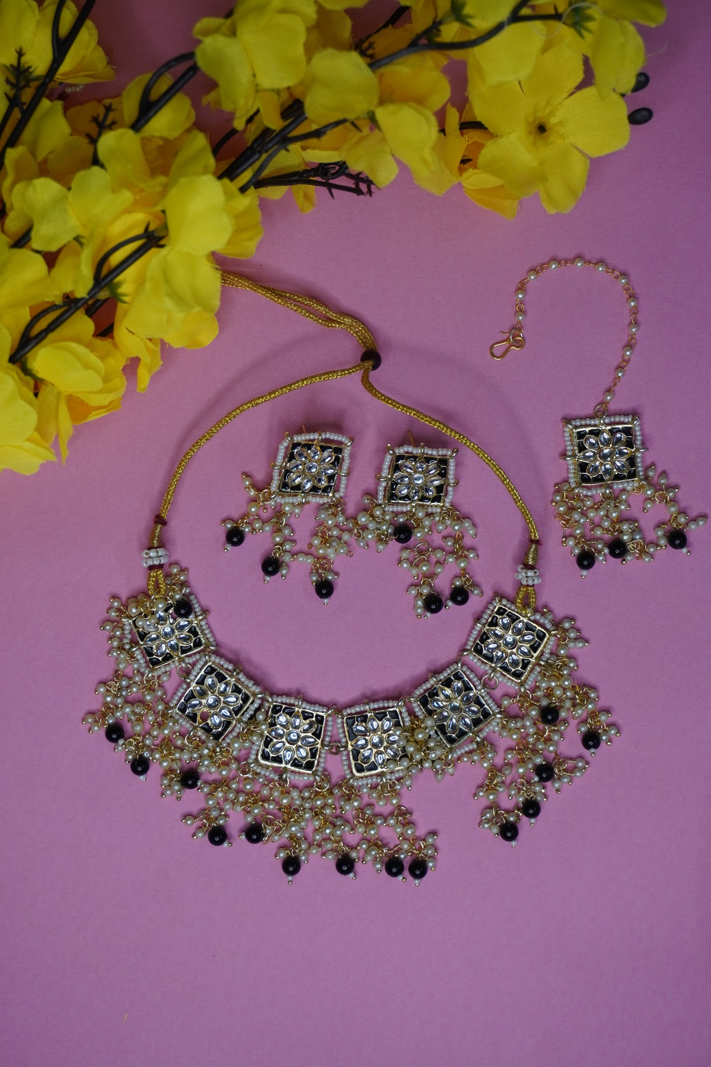 Black Colour Gold Plated Pearl Choker Necklace with Earring & Maang Tikka