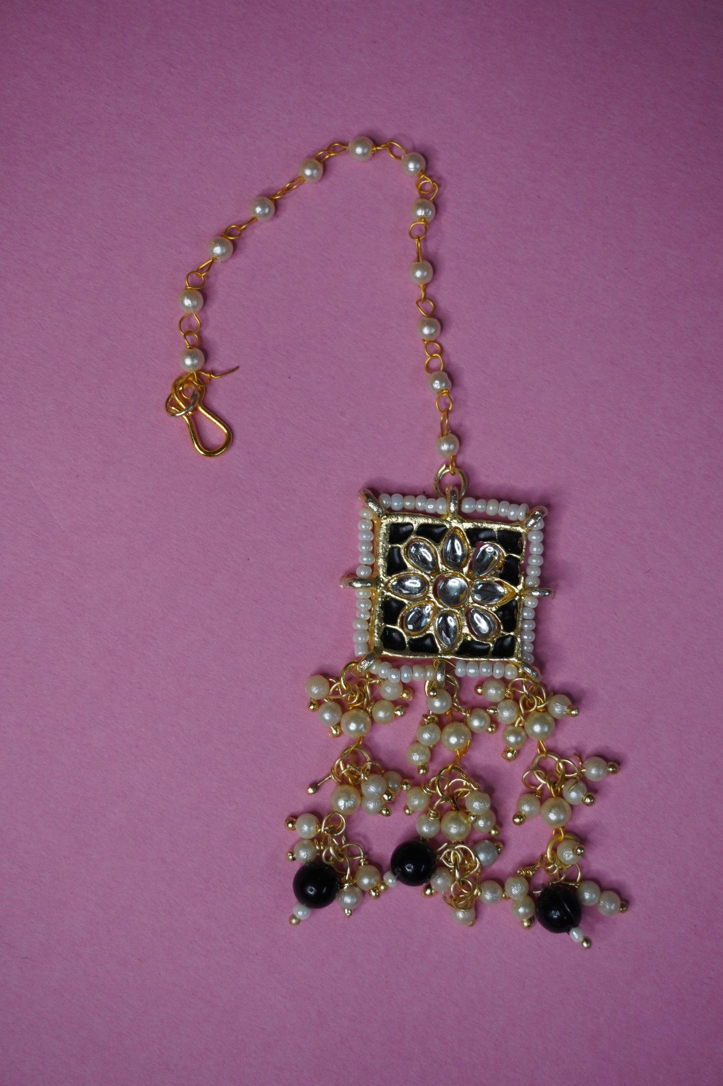 Black Colour Gold Plated Pearl Choker Necklace with Earring & Maang Tikka