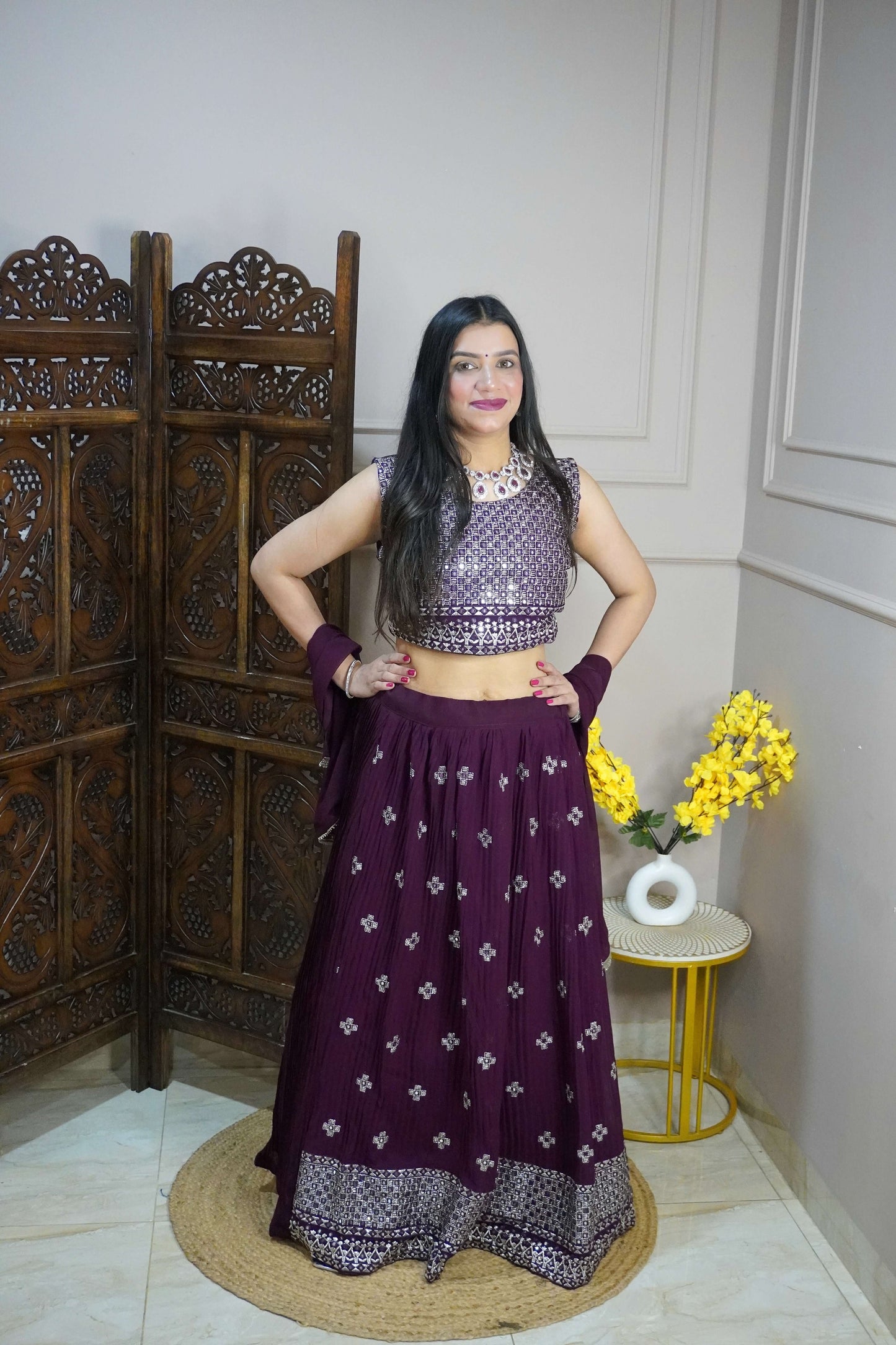 Wine Colour Thread & Mirror Work Free size Ready to Wear Designer Lehenga (Dress have 4 inch of margin both side for alteration as per customer need)