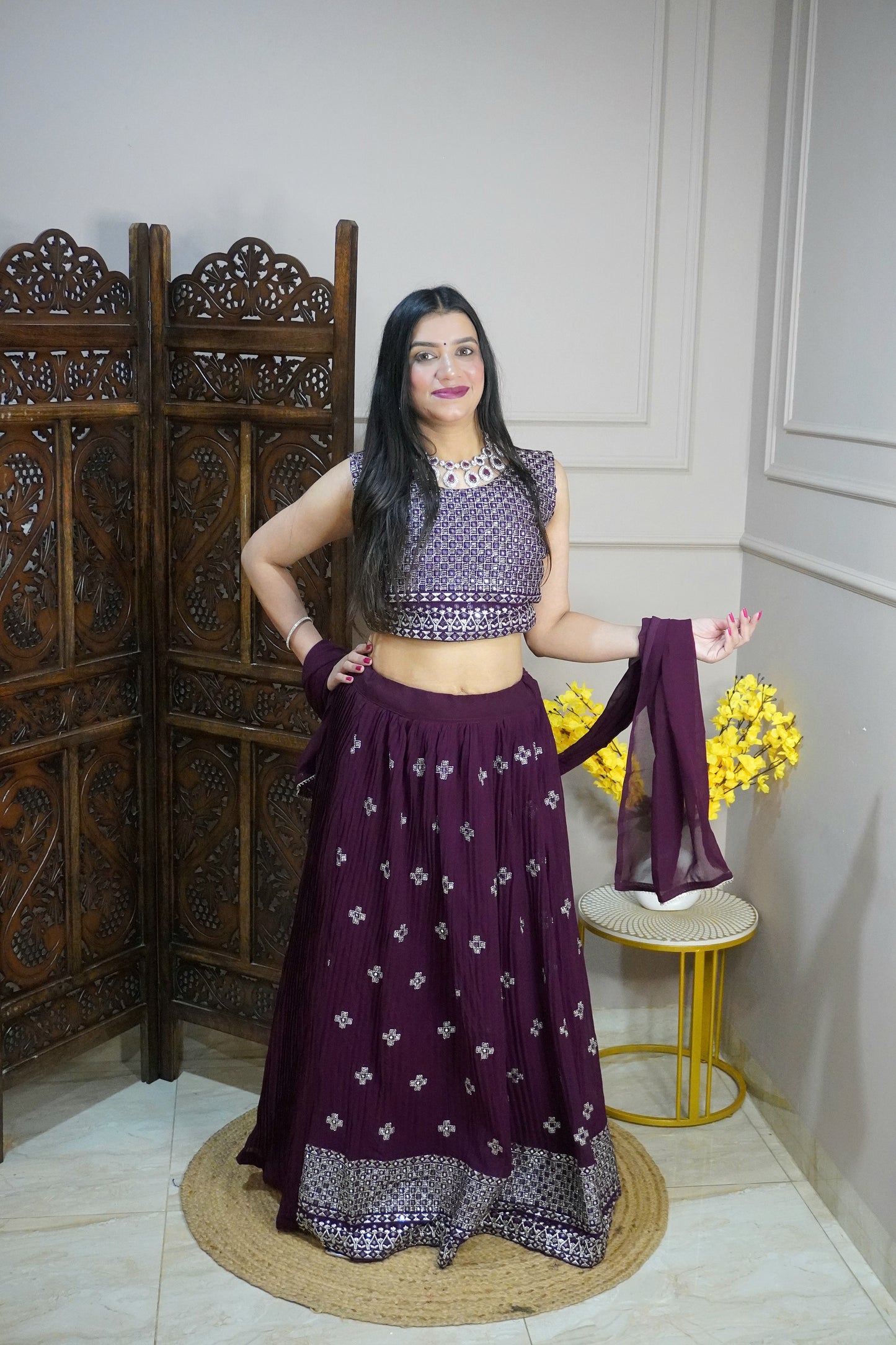 Wine Colour Thread & Mirror Work Free size Ready to Wear Designer Lehenga (Dress have 4 inch of margin both side for alteration as per customer need)