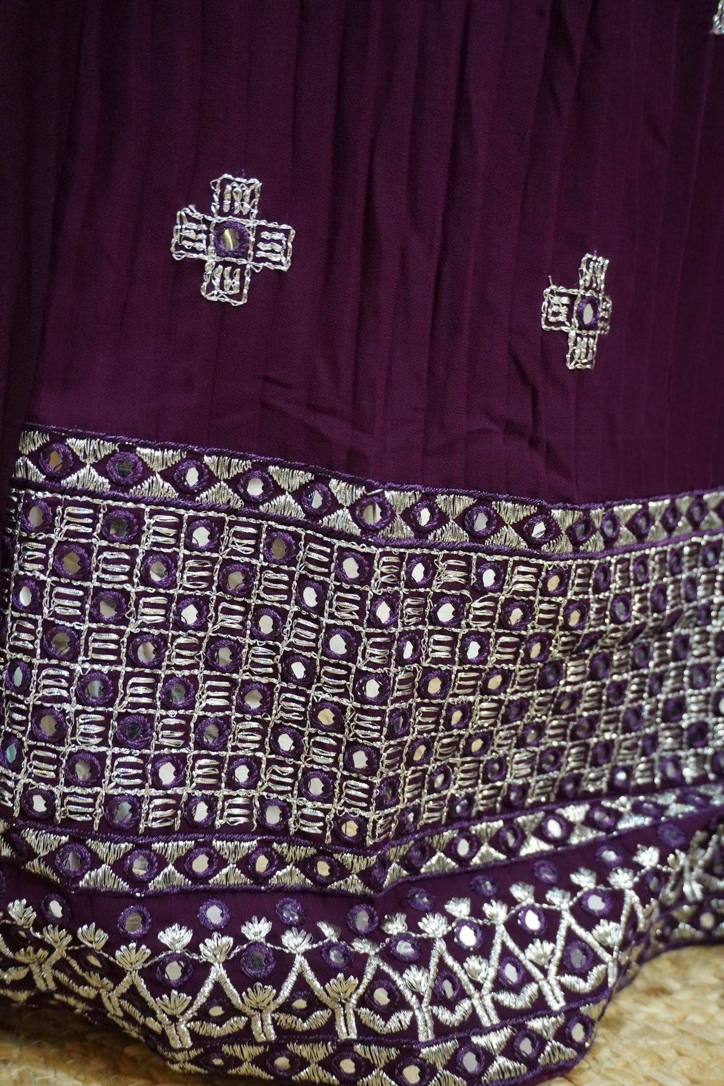 Wine Colour Thread & Mirror Work Free size Ready to Wear Designer Lehenga (Dress have 4 inch of margin both side for alteration as per customer need)