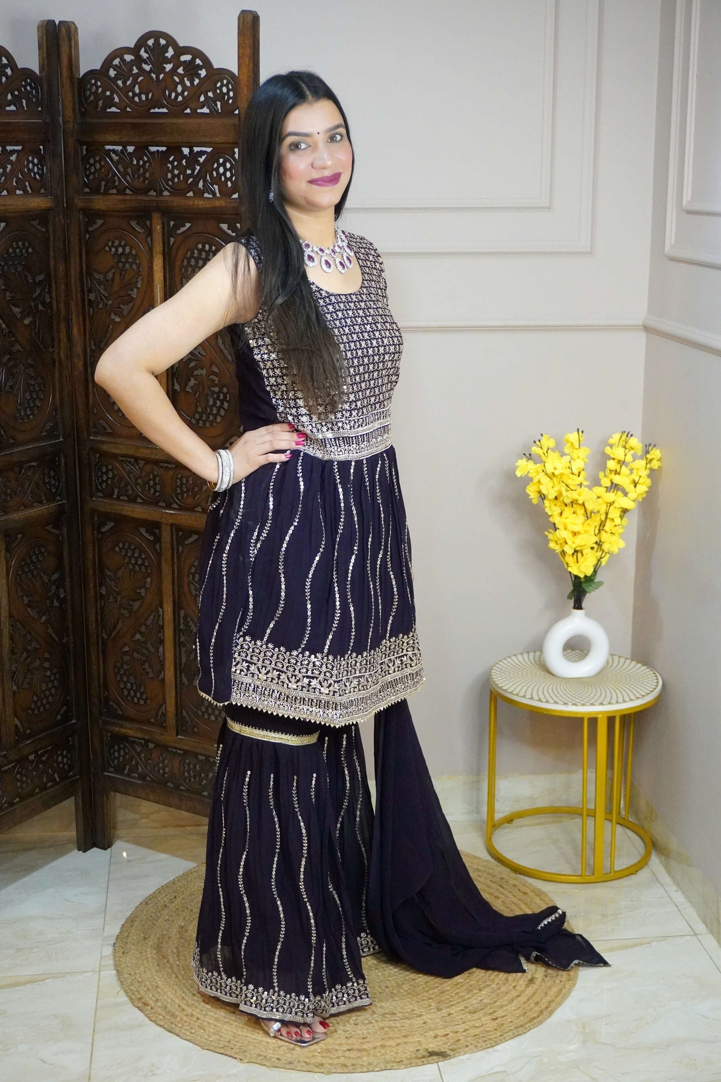 Wine Colour Sequence & Thread Work Kurta & Sharara With Dupatta (Dress have 4 inch of margin both side for alteration as per customer need)