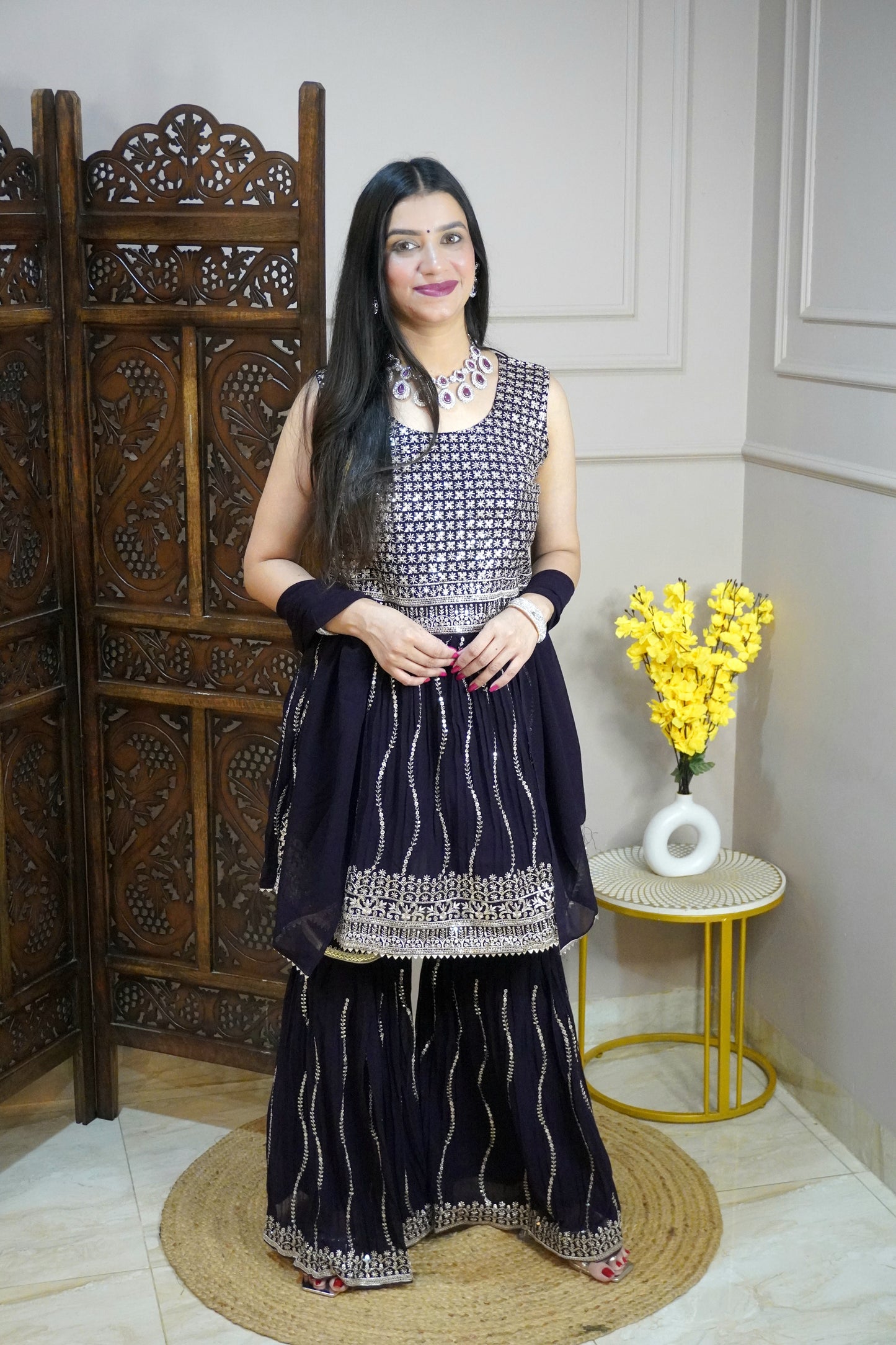 Wine Colour Sequence & Thread Work Kurta & Sharara With Dupatta (Dress have 4 inch of margin both side for alteration as per customer need)