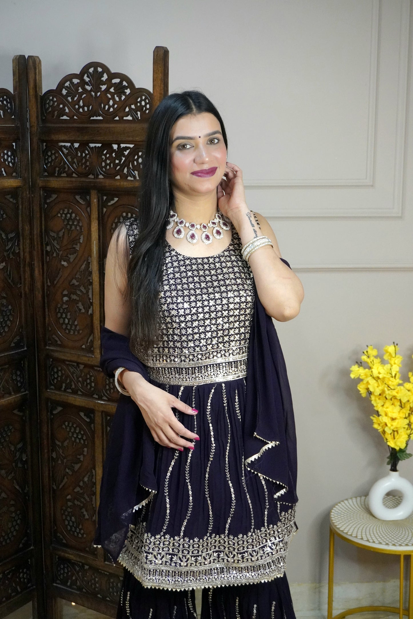 Wine Colour Sequence & Thread Work Kurta & Sharara With Dupatta (Dress have 4 inch of margin both side for alteration as per customer need)