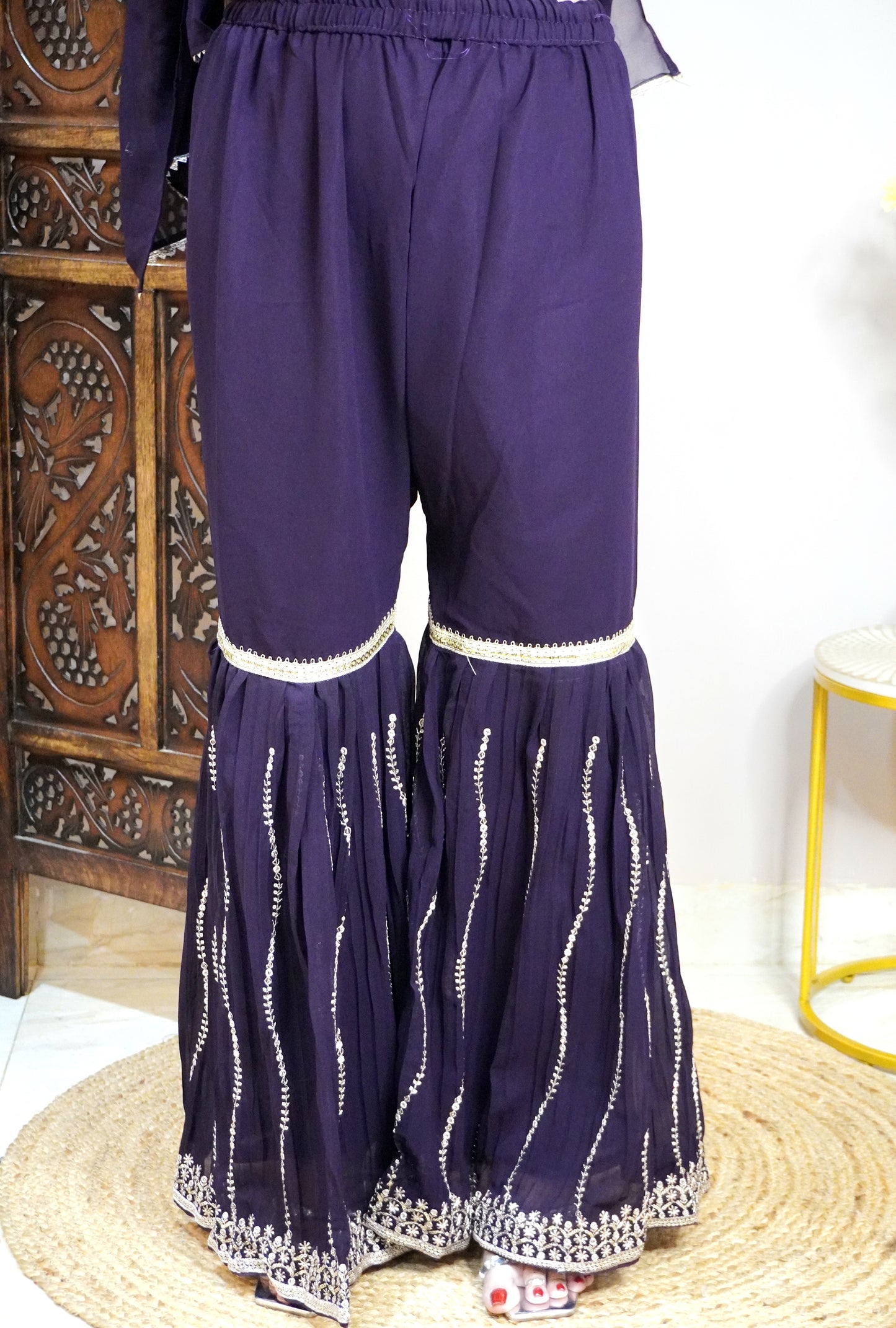 Wine Colour Sequence & Thread Work Kurta & Sharara With Dupatta (Dress have 4 inch of margin both side for alteration as per customer need)