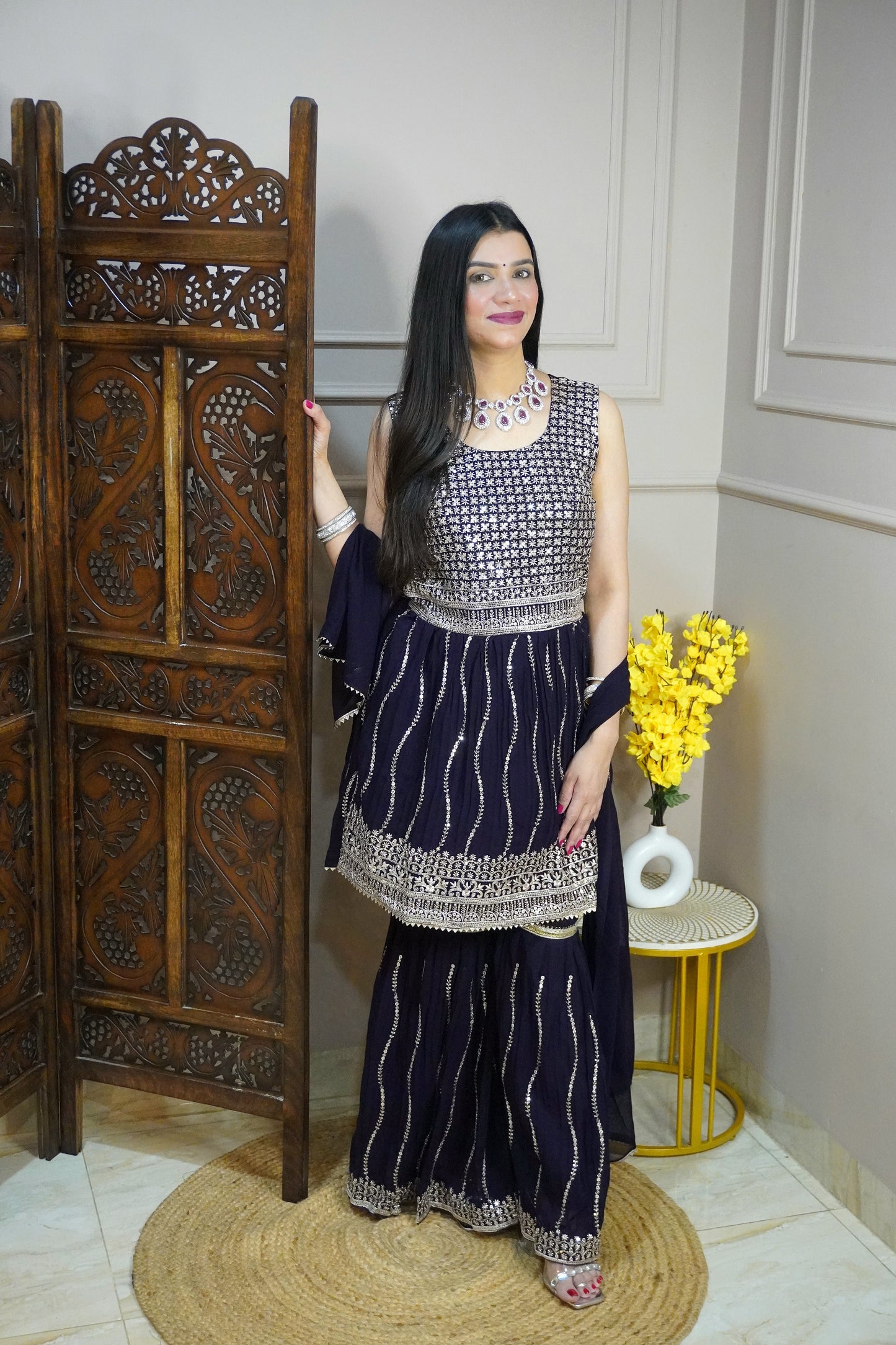 Wine Colour Sequence & Thread Work Kurta & Sharara With Dupatta (Dress have 4 inch of margin both side for alteration as per customer need)