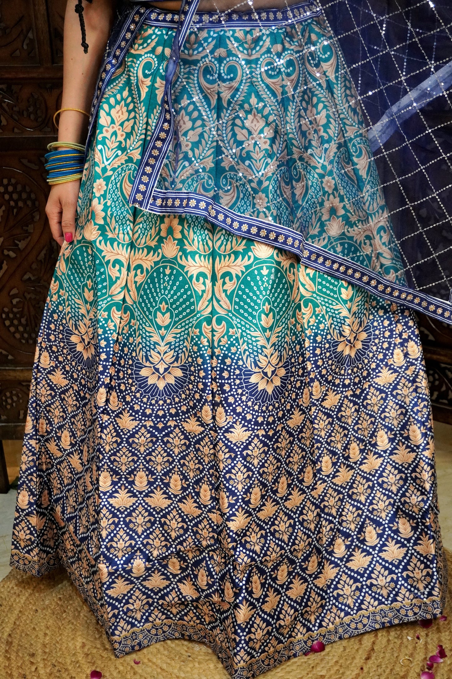 Peacock Colour Digital Print Free size Ready to Wear Designer Lehenga (Dress have 4 inch of margin both side for alteration as per customer need)