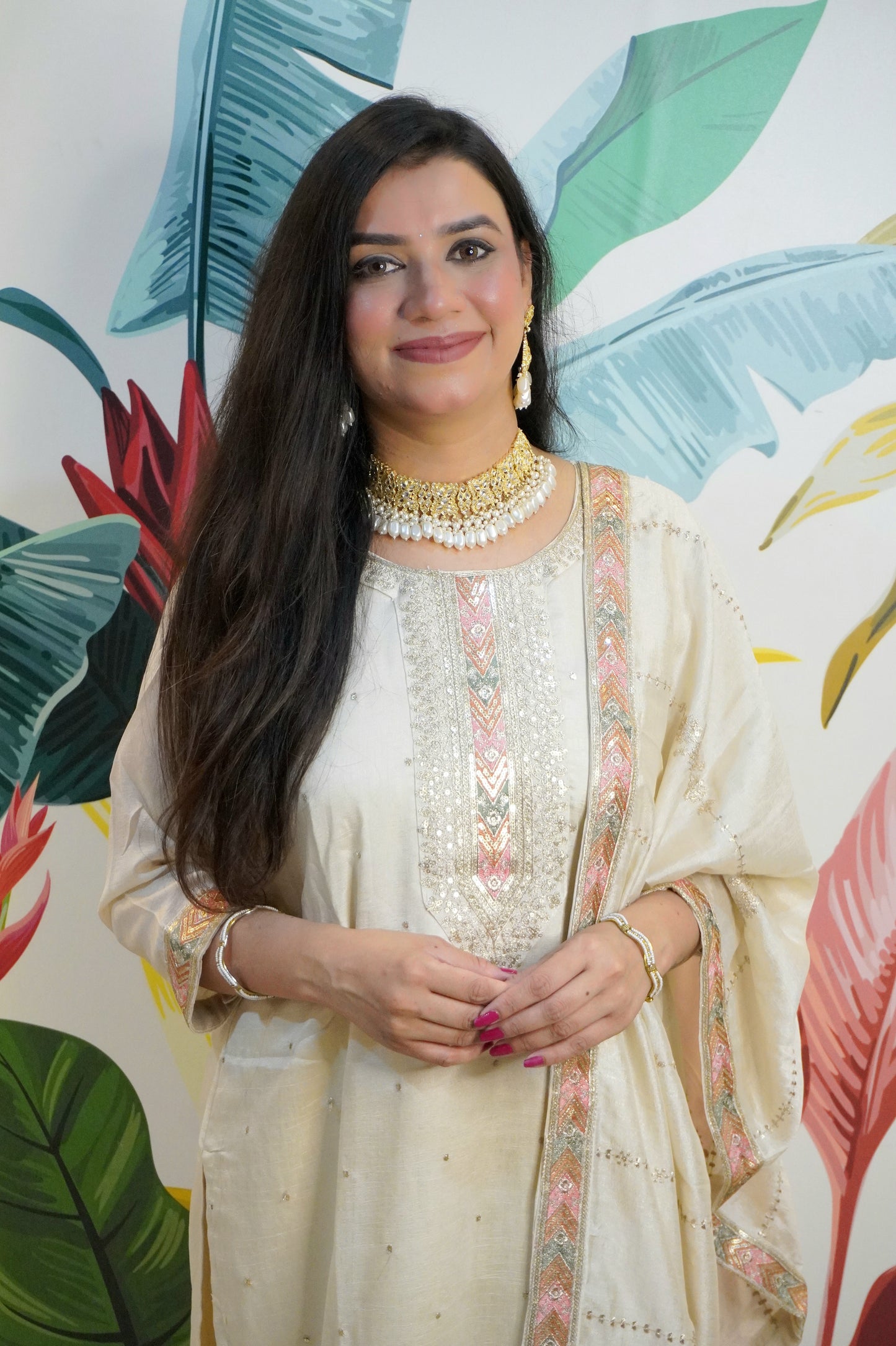 Beige Colour Zari Work Straight Kurta Set with Pant & Dupatta